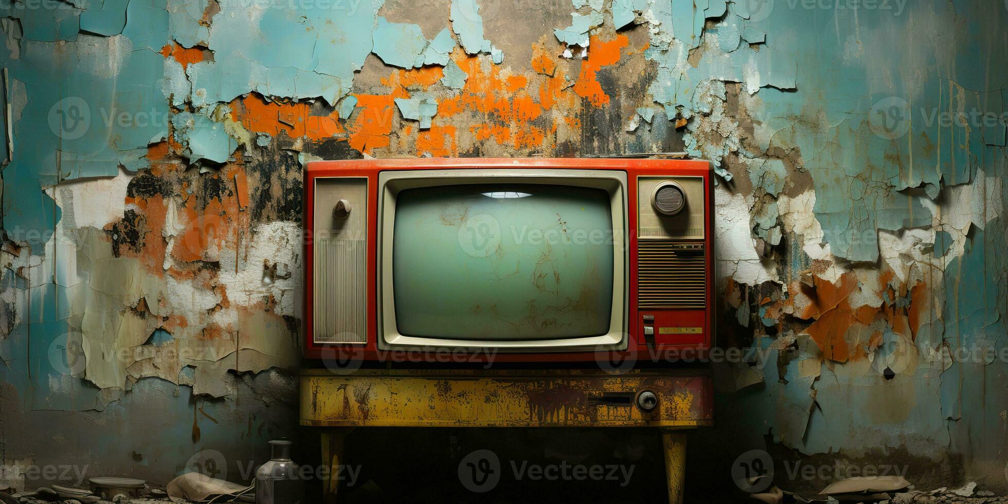 AI Generated. AI Generative. Vintafe retro old antique tv televison box close to the wall background. Graphic Art photo