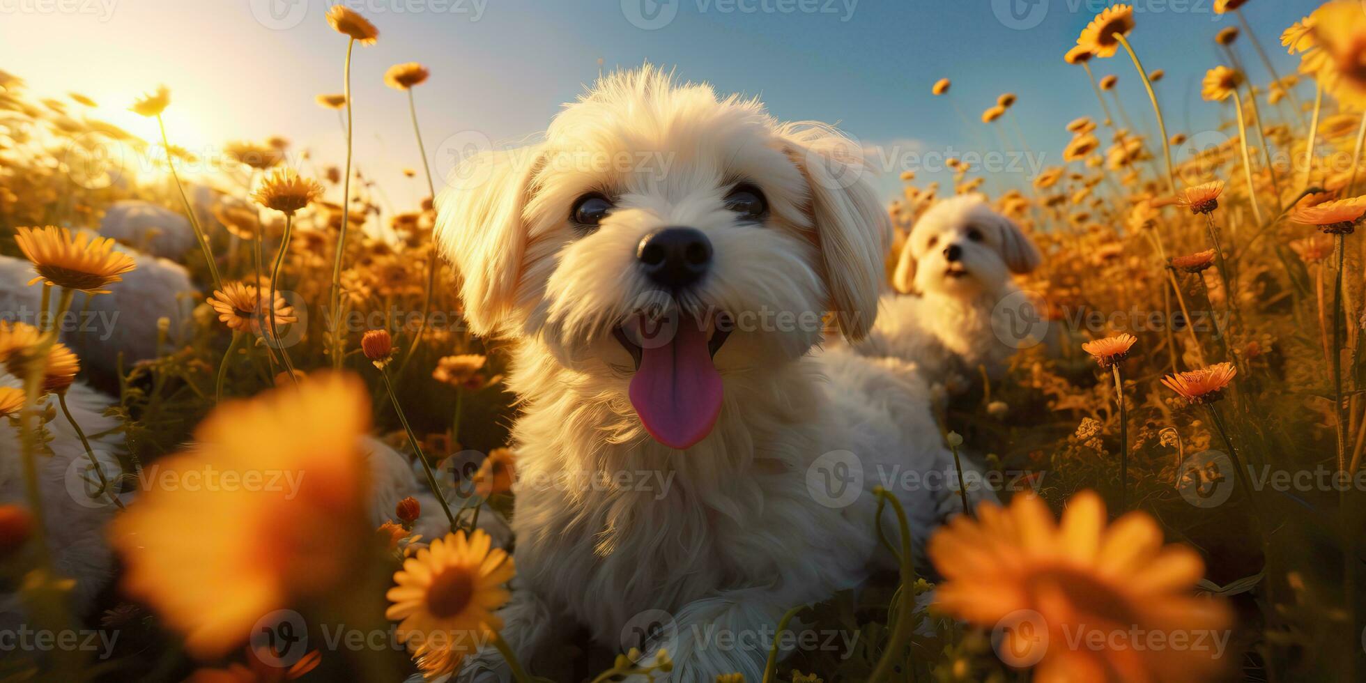 AI Generated. AI Generative. Outdoor nature field meadow pet animal happy smile dog portrait face running funny friend. Graphic Art photo