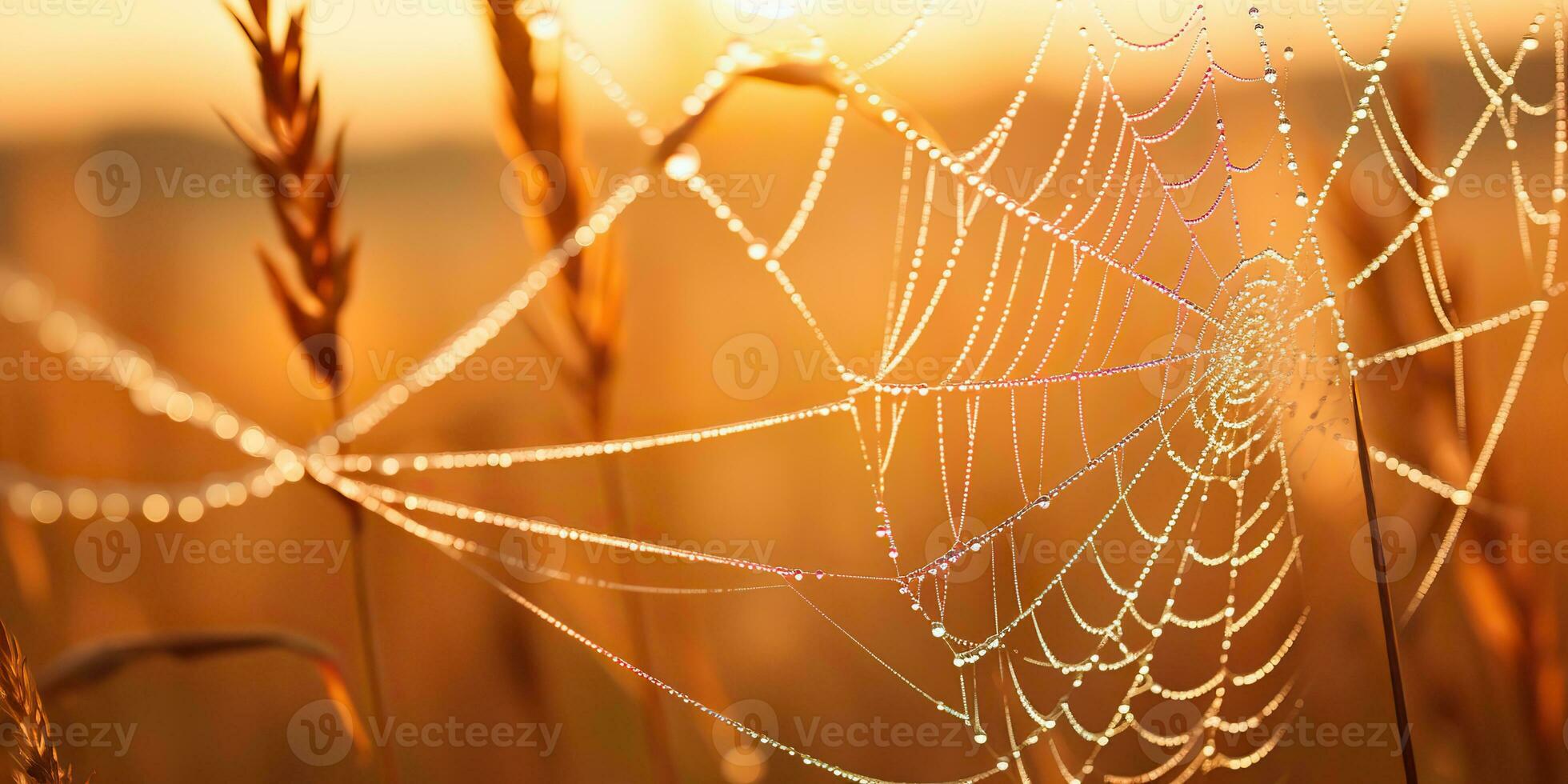 AI Generated. AI Generative. Sunshine spoderweb spider web at field meadow hay grass. Nature outdoor wildlife. Graphic Art photo