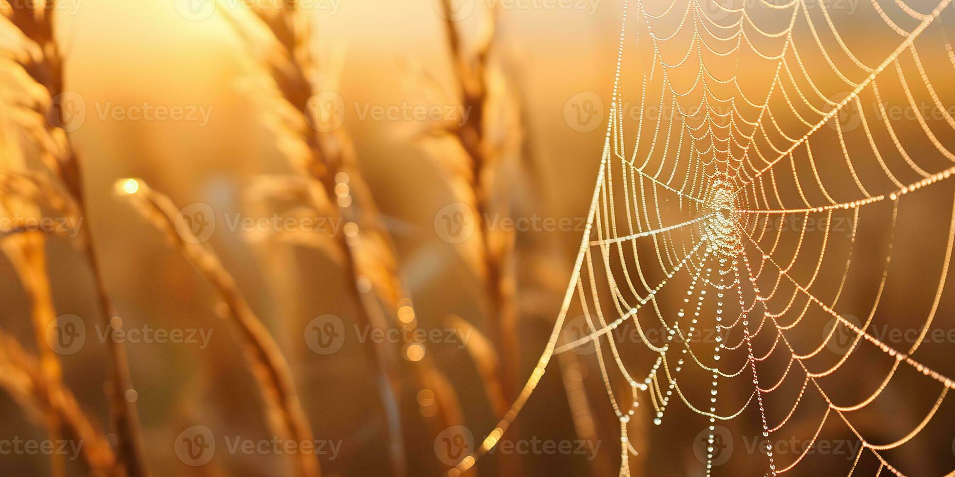 AI Generated. AI Generative. Sunshine spoderweb spider web at field meadow hay grass. Nature outdoor wildlife. Graphic Art photo