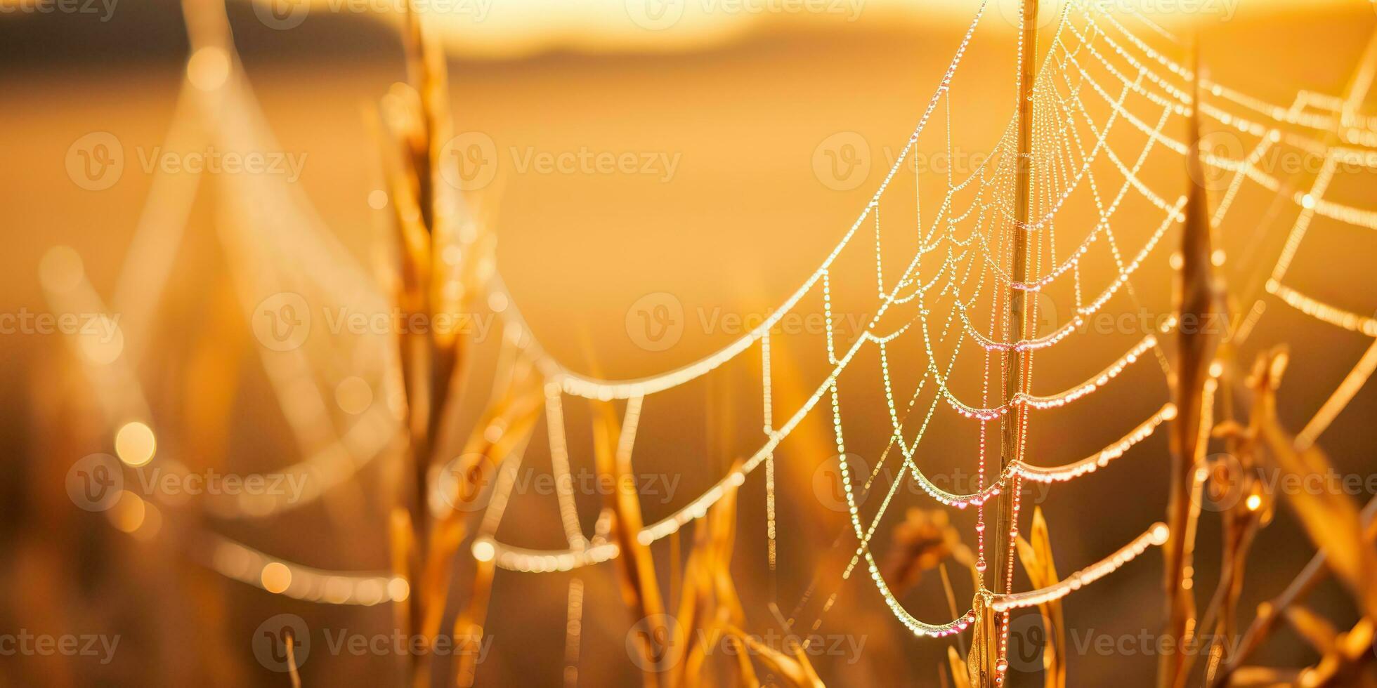 AI Generated. AI Generative. Sunshine spoderweb spider web at field meadow hay grass. Nature outdoor wildlife. Graphic Art photo