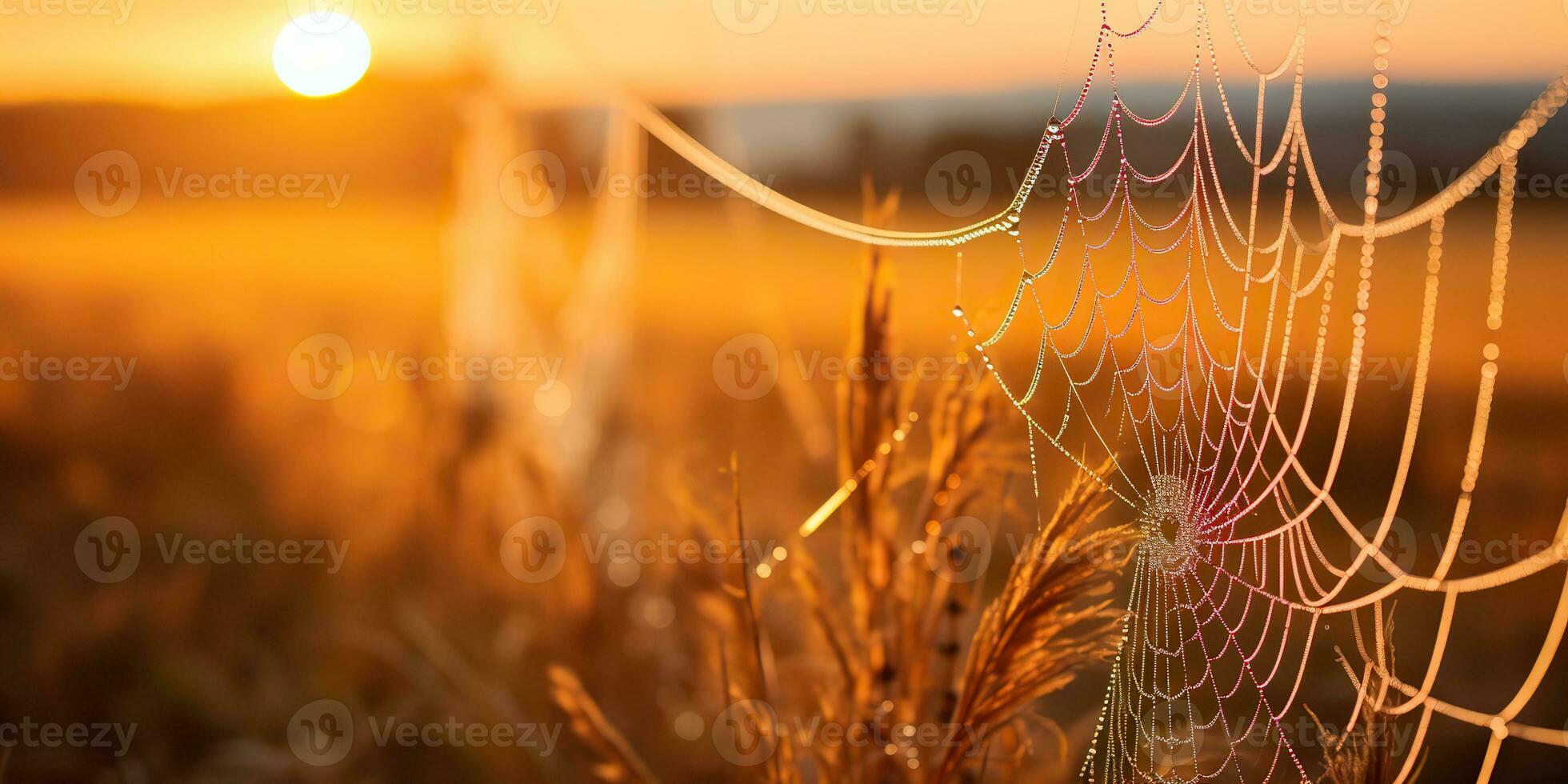 AI Generated. AI Generative. Sunshine spoderweb spider web at field meadow hay grass. Nature outdoor wildlife. Graphic Art photo