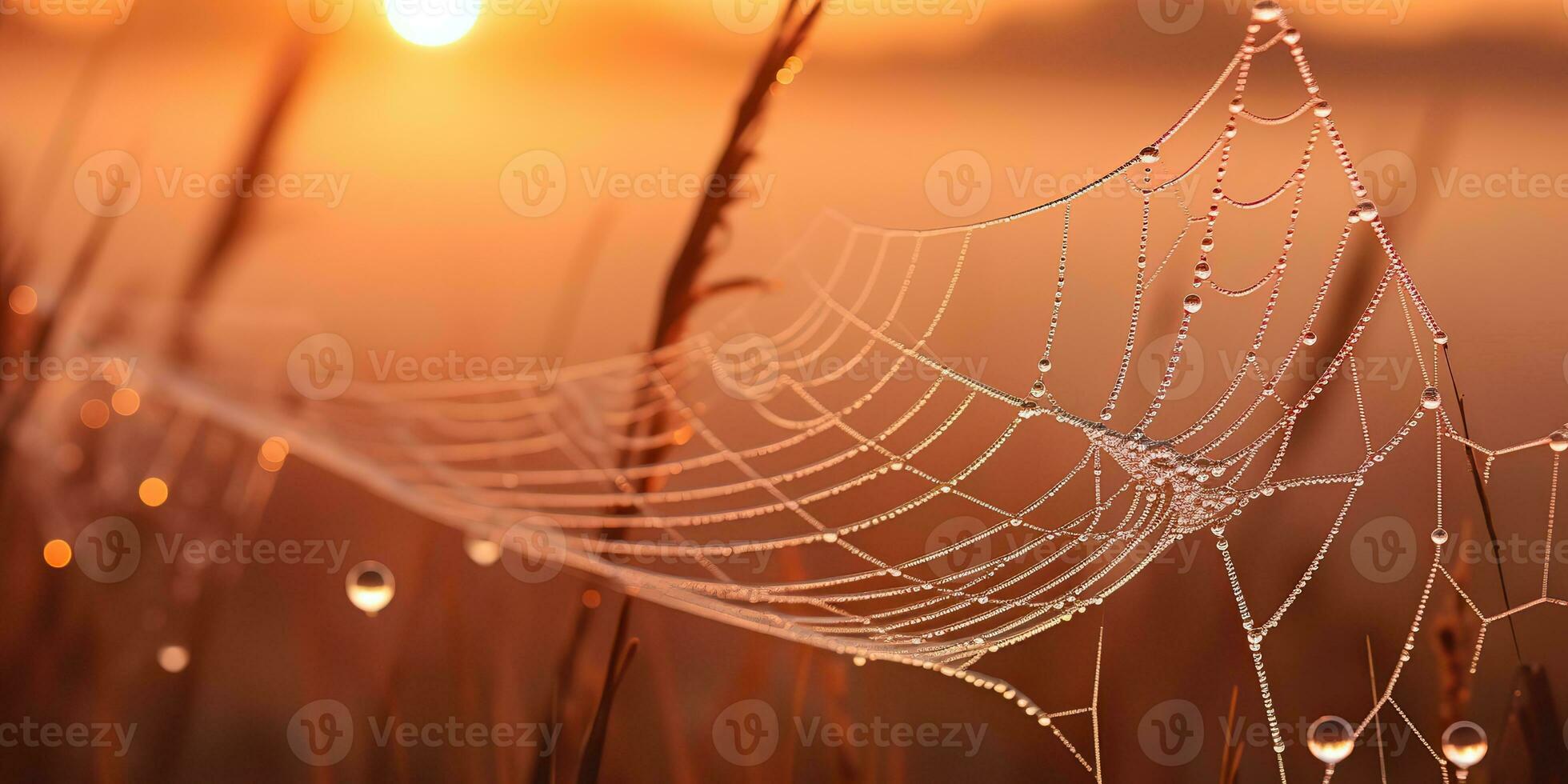 AI Generated. AI Generative. Sunshine spoderweb spider web at field meadow hay grass. Nature outdoor wildlife. Graphic Art photo