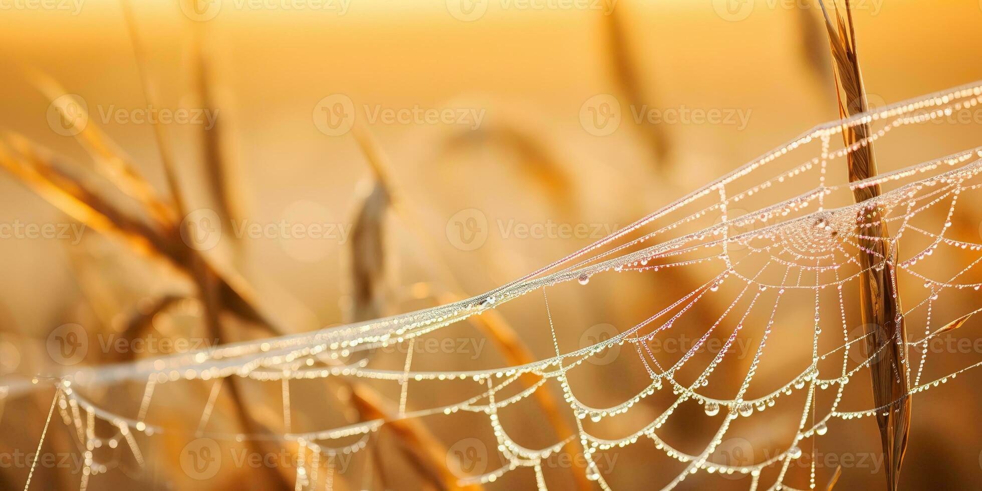 AI Generated. AI Generative. Sunshine spoderweb spider web at field meadow hay grass. Nature outdoor wildlife. Graphic Art photo