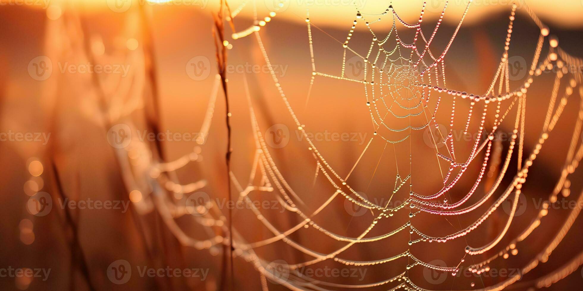 AI Generated. AI Generative. Sunshine spoderweb spider web at field meadow hay grass. Nature outdoor wildlife. Graphic Art photo