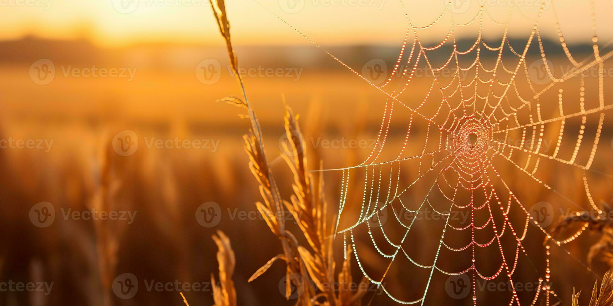 AI Generated. AI Generative. Sunshine spoderweb spider web at field meadow hay grass. Nature outdoor wildlife. Graphic Art photo