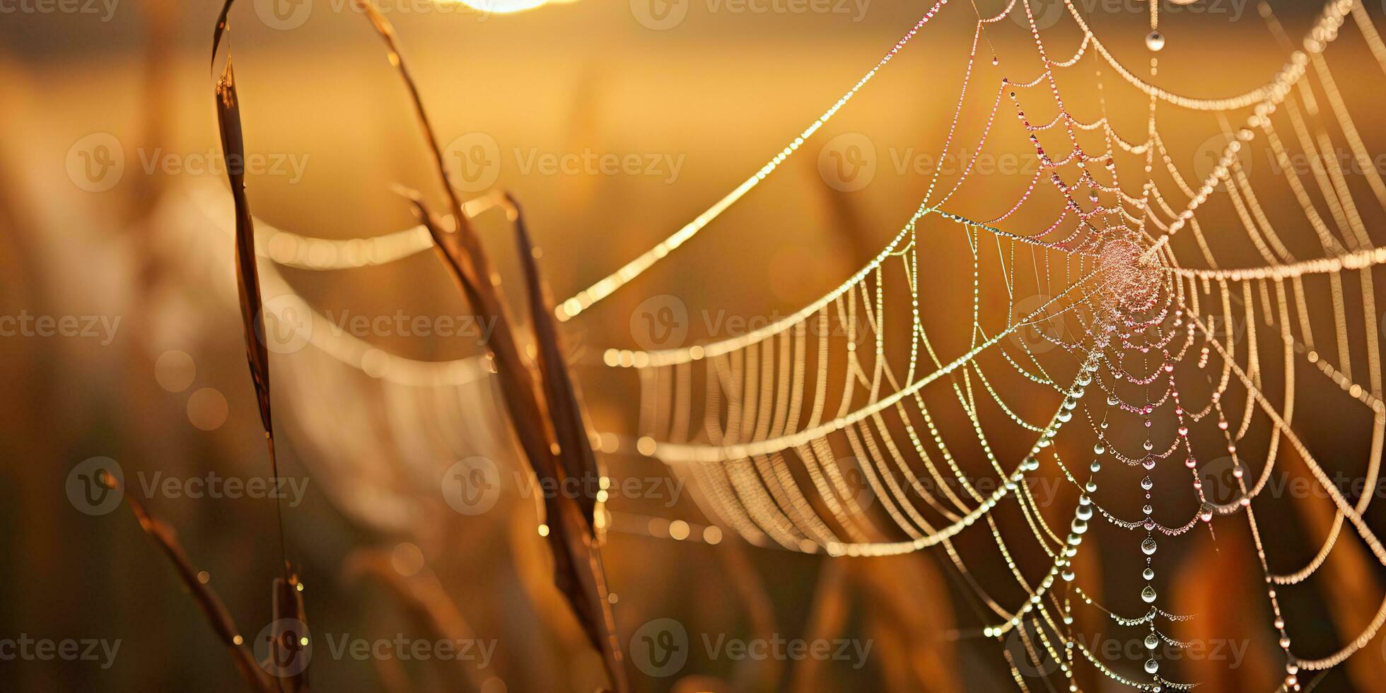 AI Generated. AI Generative. Sunshine spoderweb spider web at field meadow hay grass. Nature outdoor wildlife. Graphic Art photo