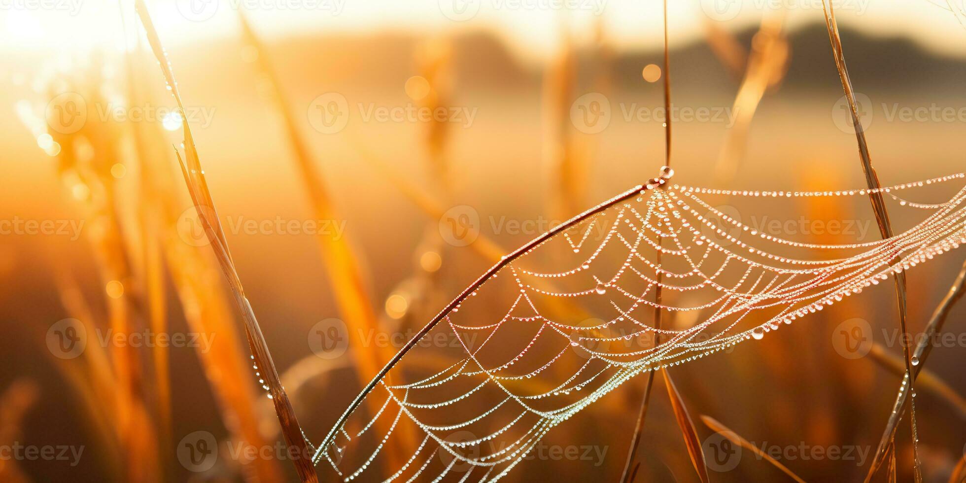 AI Generated. AI Generative. Sunshine spoderweb spider web at field meadow hay grass. Nature outdoor wildlife. Graphic Art photo