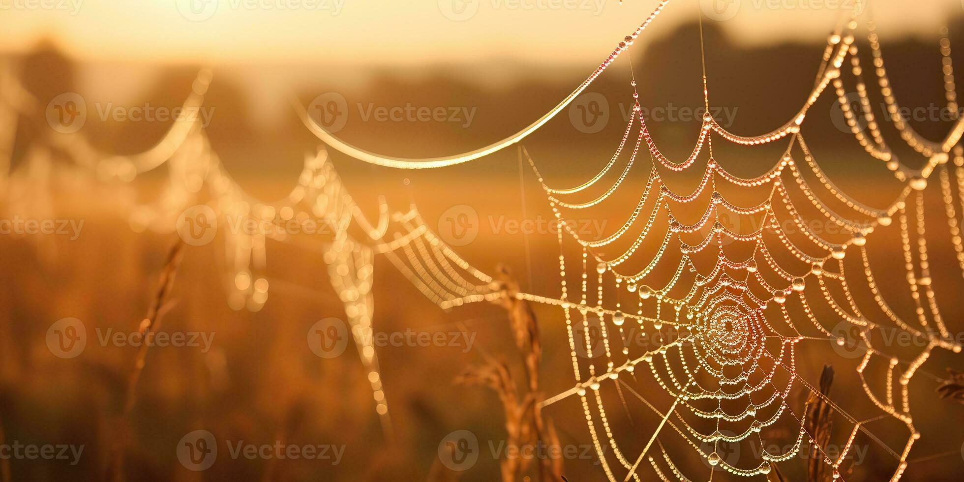 AI Generated. AI Generative. Sunshine spoderweb spider web at field meadow hay grass. Nature outdoor wildlife. Graphic Art photo