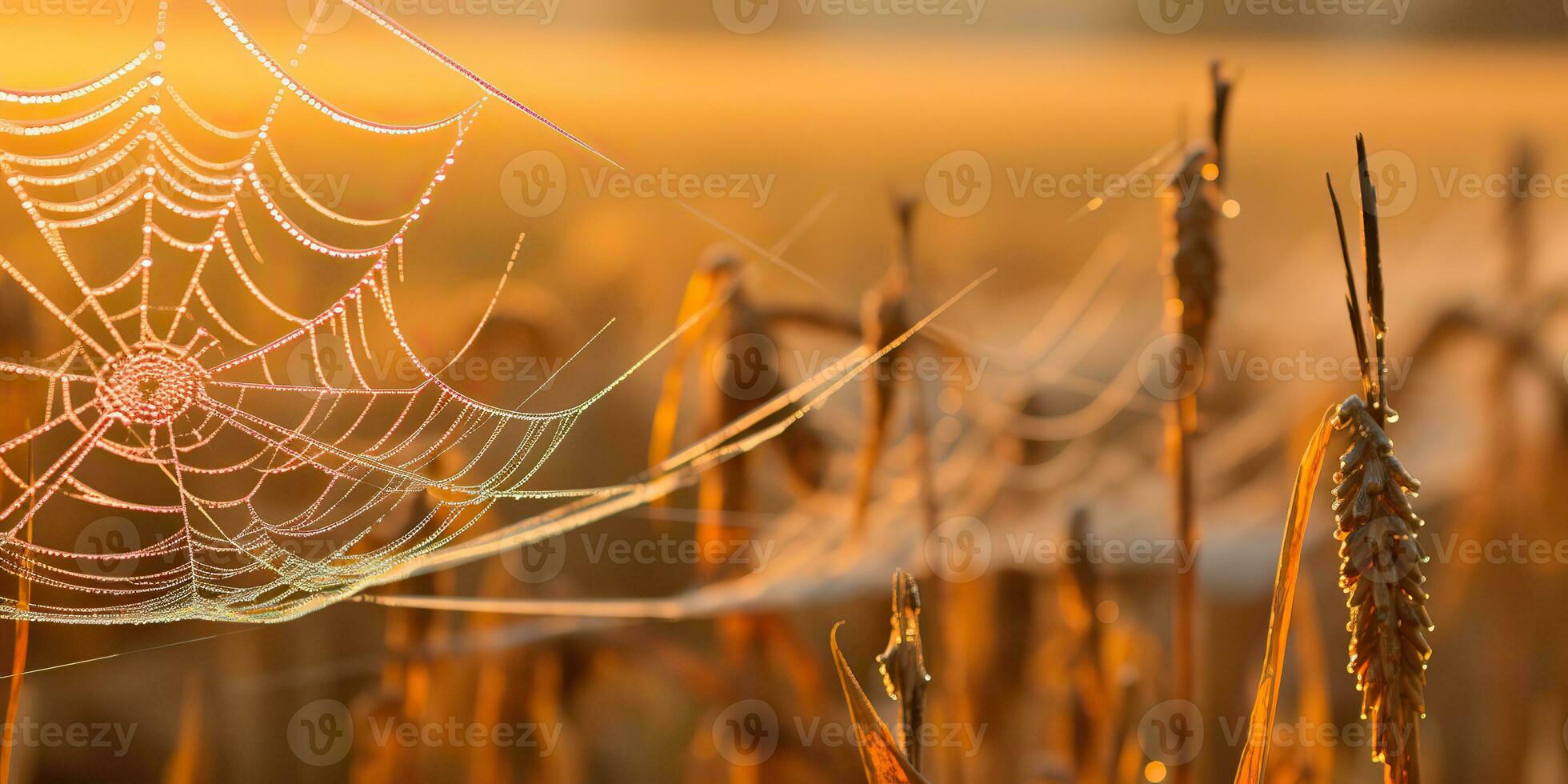 AI Generated. AI Generative. Sunshine spoderweb spider web at field meadow hay grass. Nature outdoor wildlife. Graphic Art photo