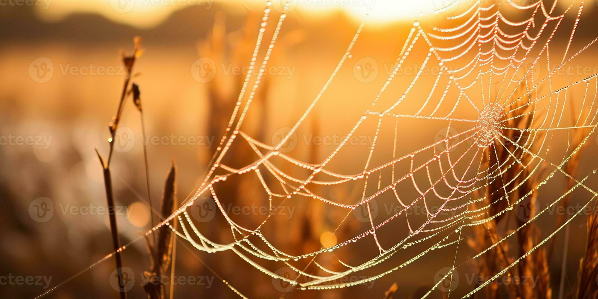 AI Generated. AI Generative. Sunshine spoderweb spider web at field meadow hay grass. Nature outdoor wildlife. Graphic Art photo