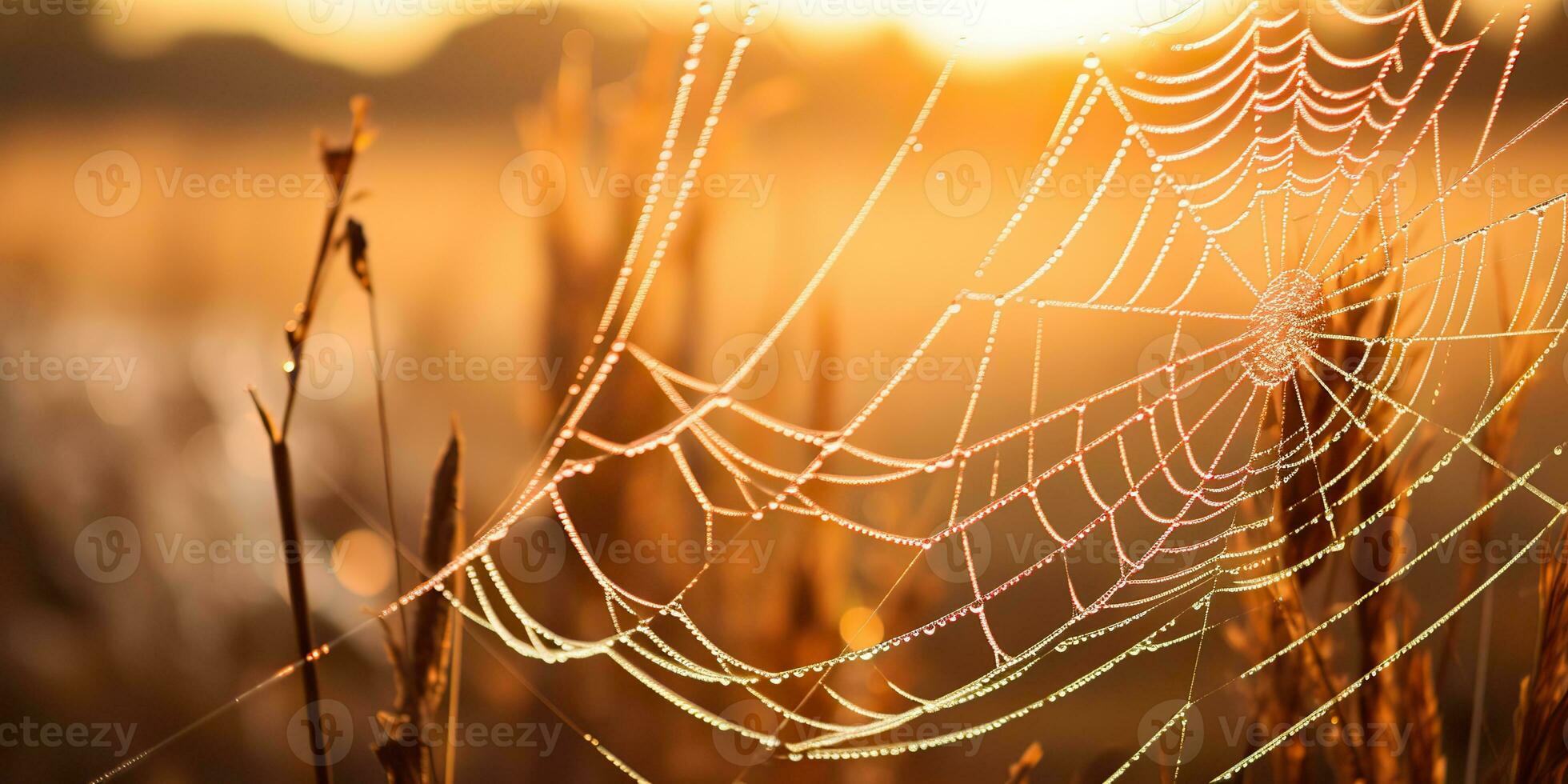 AI Generated. AI Generative. Sunshine spoderweb spider web at field meadow hay grass. Nature outdoor wildlife. Graphic Art photo