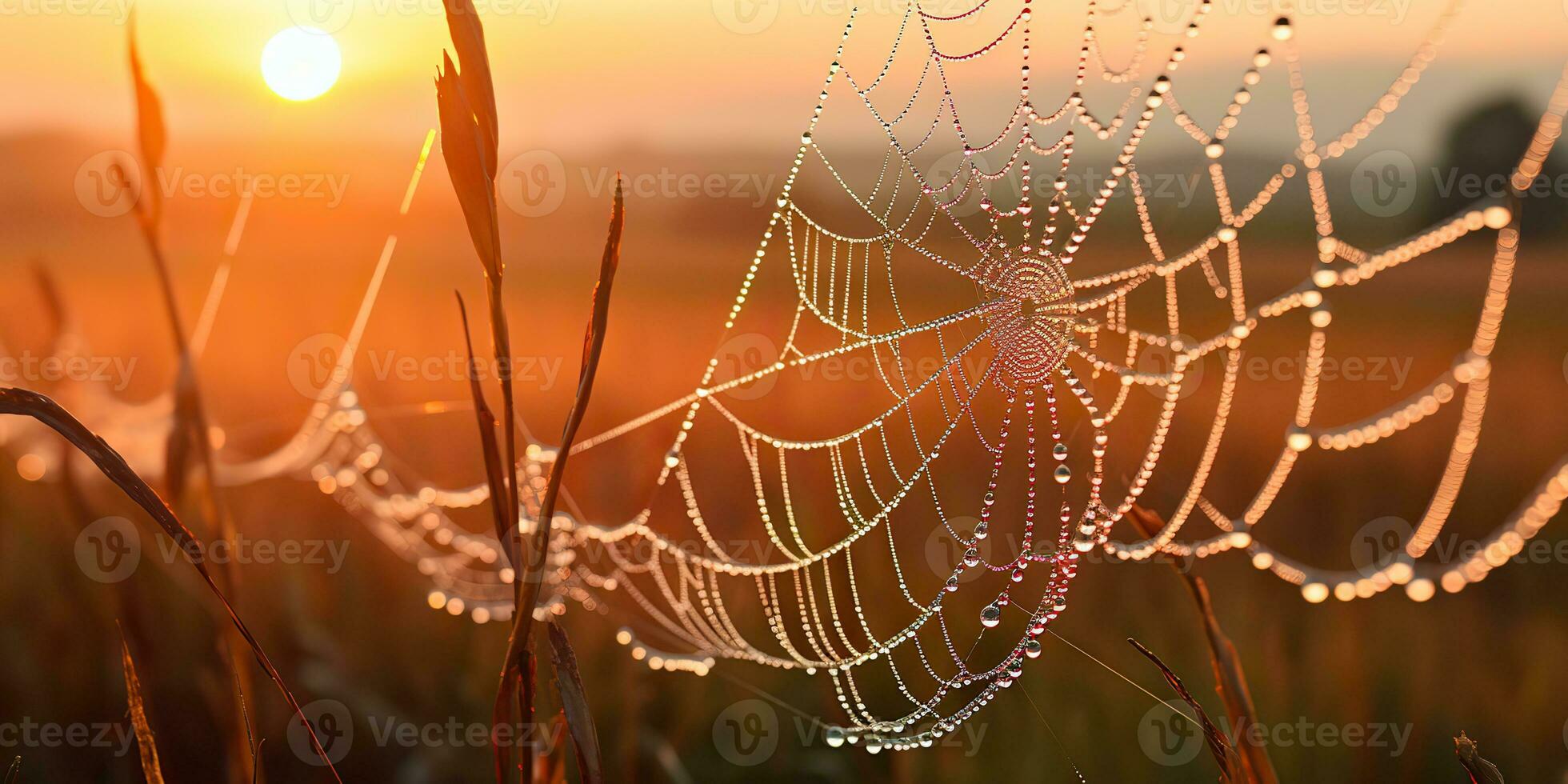 AI Generated. AI Generative. Sunshine spoderweb spider web at field meadow hay grass. Nature outdoor wildlife. Graphic Art photo