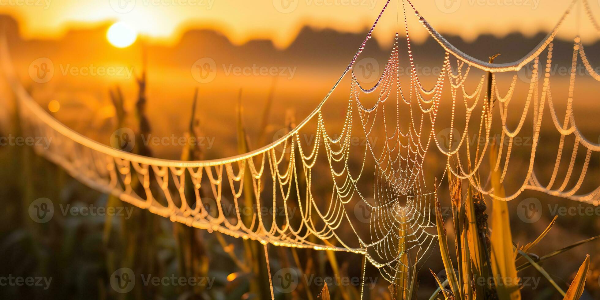 AI Generated. AI Generative. Sunshine spoderweb spider web at field meadow hay grass. Nature outdoor wildlife. Graphic Art photo