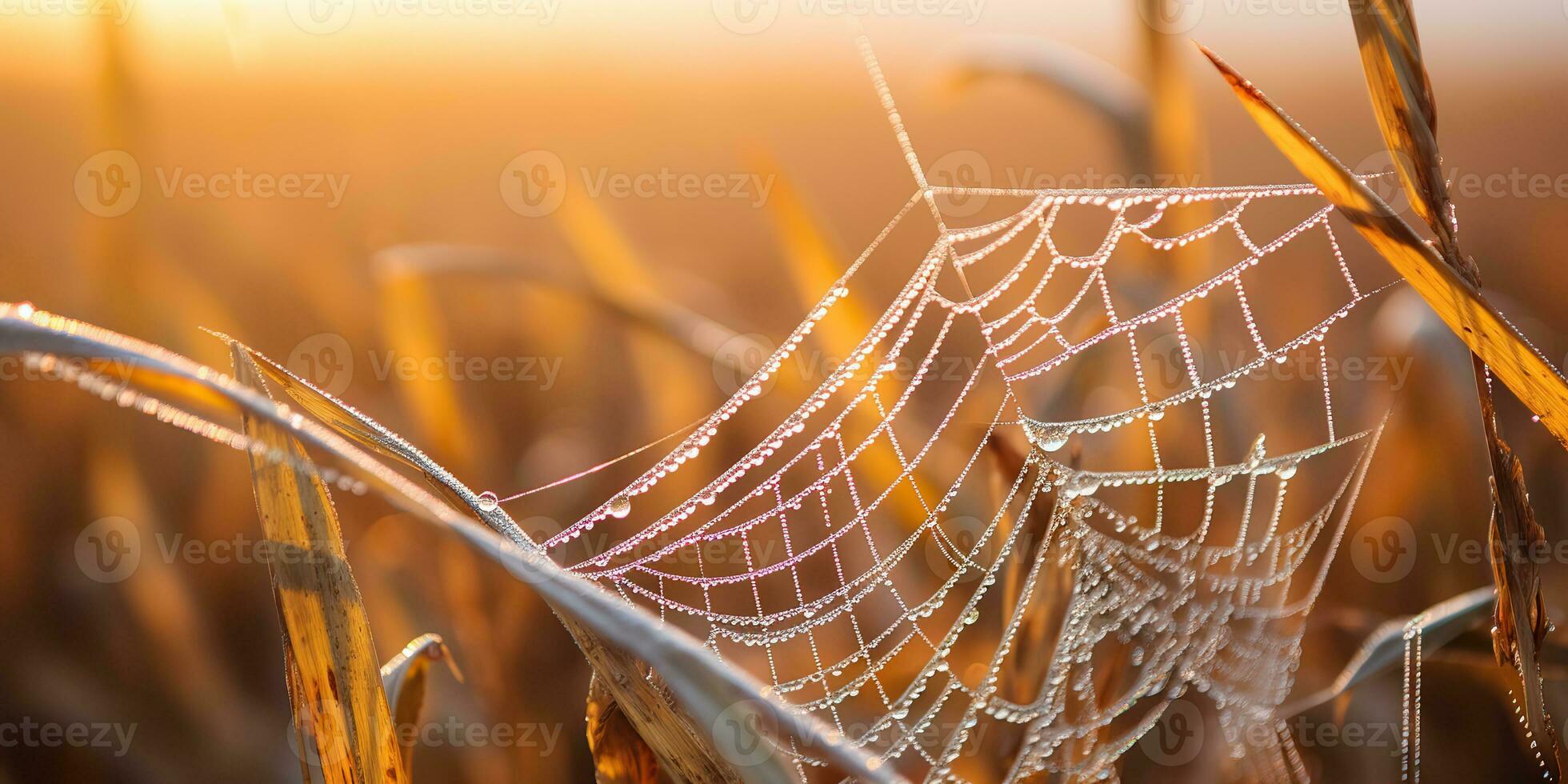 AI Generated. AI Generative. Sunshine spoderweb spider web at field meadow hay grass. Nature outdoor wildlife. Graphic Art photo