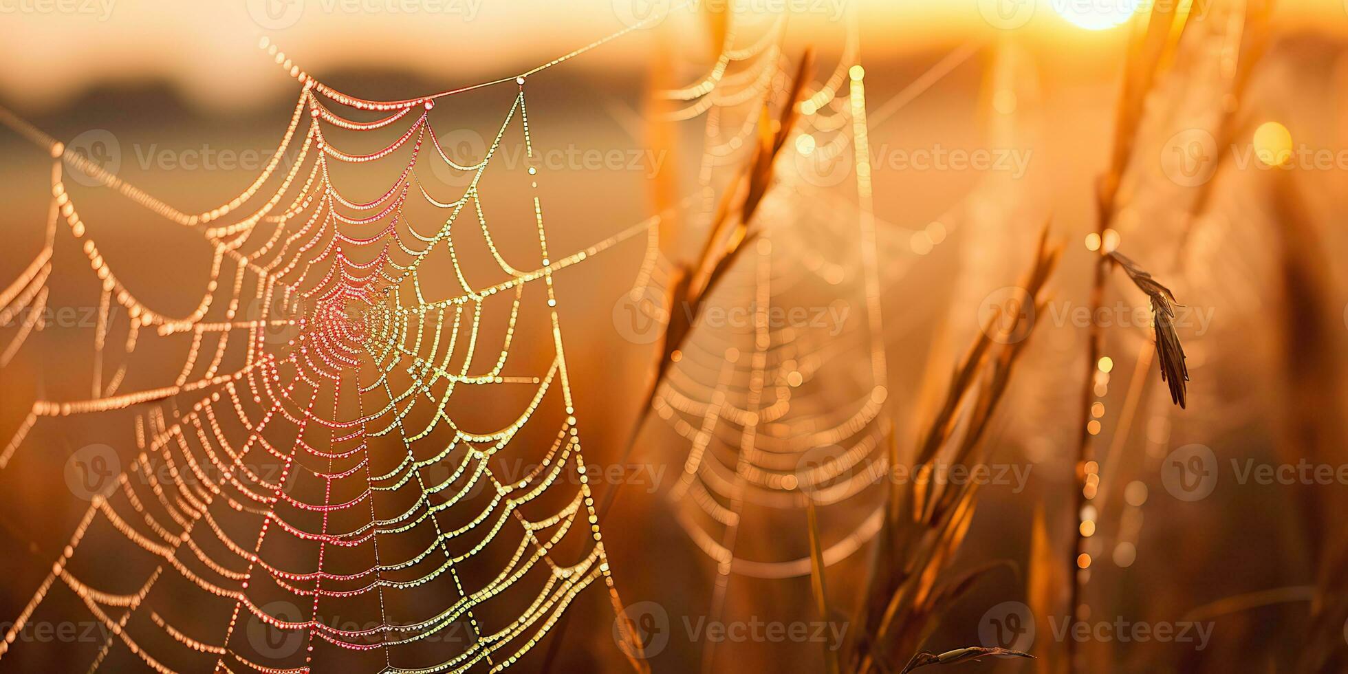 AI Generated. AI Generative. Sunshine spoderweb spider web at field meadow hay grass. Nature outdoor wildlife. Graphic Art photo