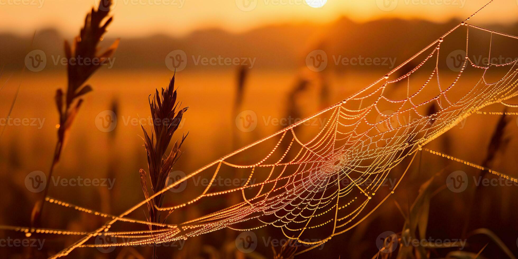 AI Generated. AI Generative. Sunshine spoderweb spider web at field meadow hay grass. Nature outdoor wildlife. Graphic Art photo
