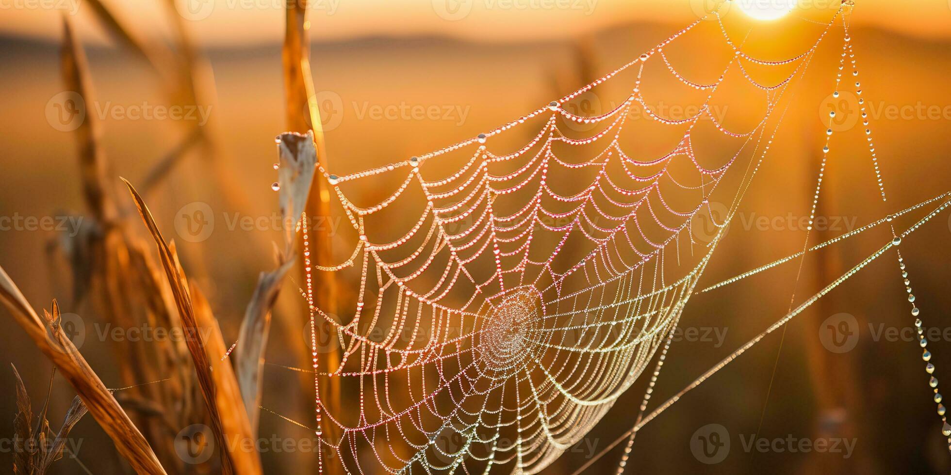 AI Generated. AI Generative. Sunshine spoderweb spider web at field meadow hay grass. Nature outdoor wildlife. Graphic Art photo