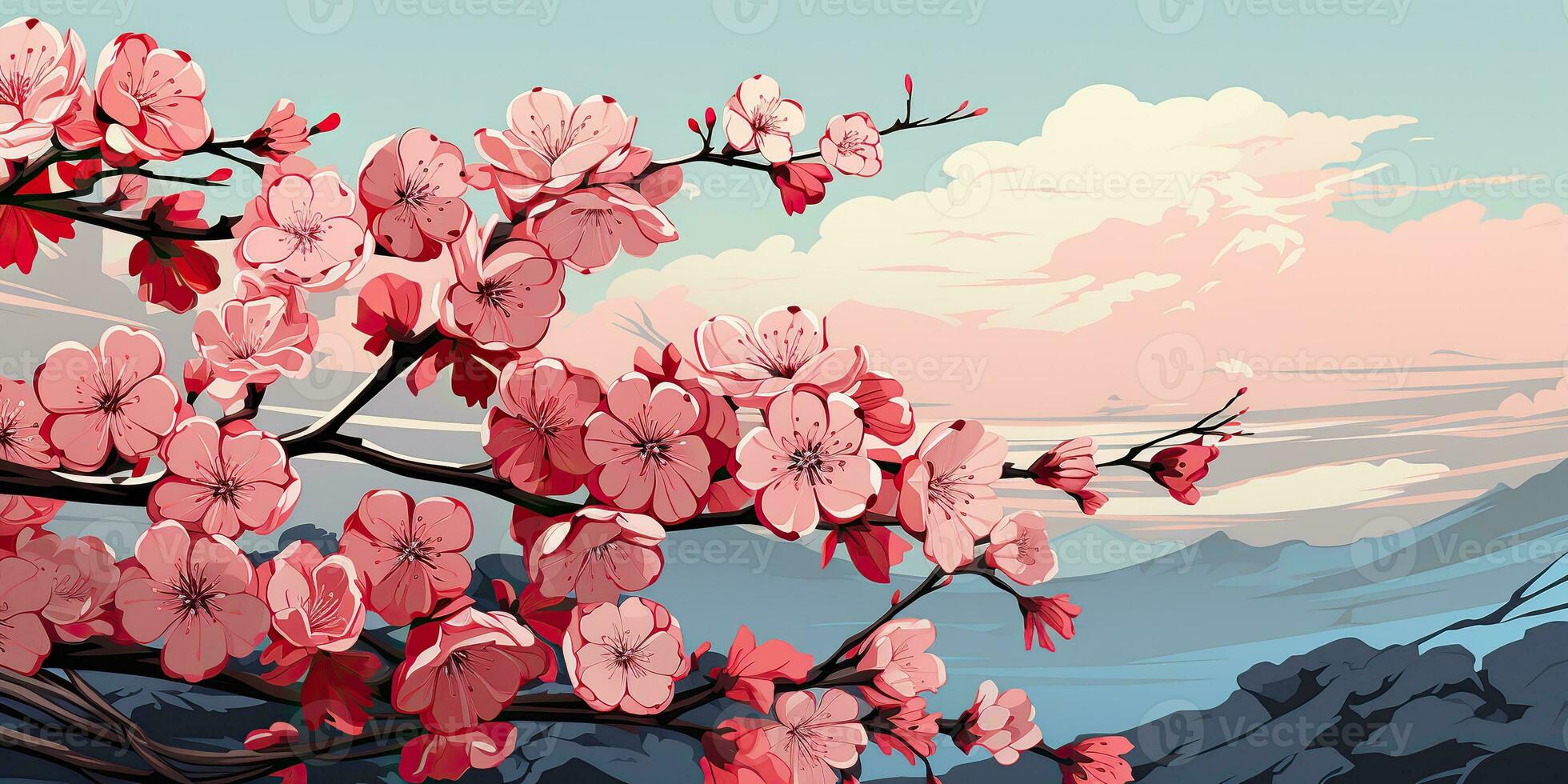 AI Generated. AI Generative. Vintage retro traditional Japanese Asian landscape background. Cherry blossom sakura tree flower mountain and outdoor nature minimal graphic art. Graphic Art photo