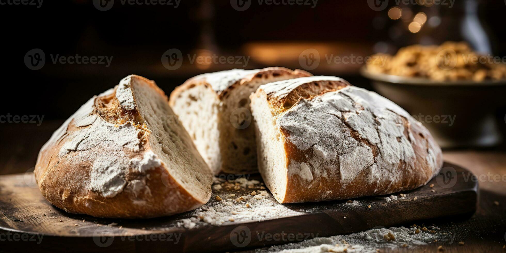 AI Generated. AI Generative. Fresh organic baked bakery wheat bread on wooden table. Cozy kitchen vibe. Graphic Art photo