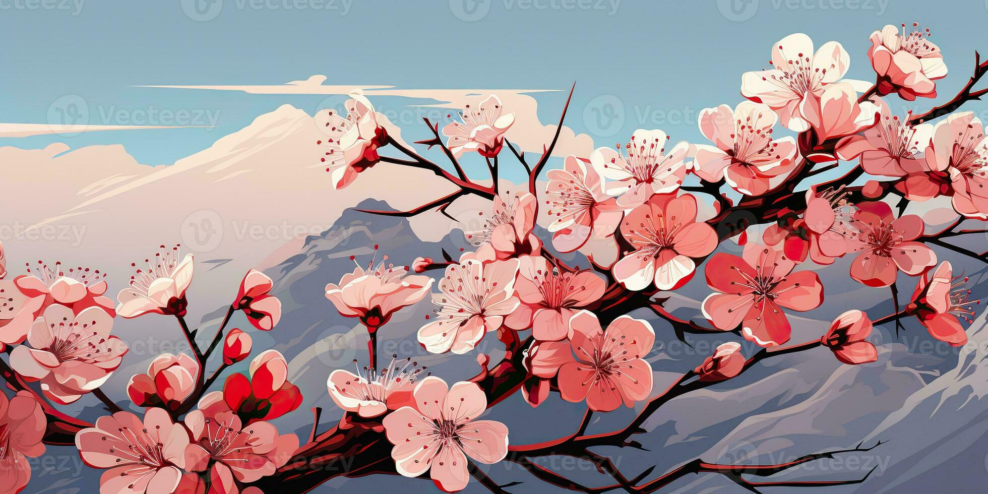 AI Generated. AI Generative. Vintage retro traditional Japanese Asian landscape background. Cherry blossom sakura tree flower mountain and outdoor nature minimal graphic art. Graphic Art photo