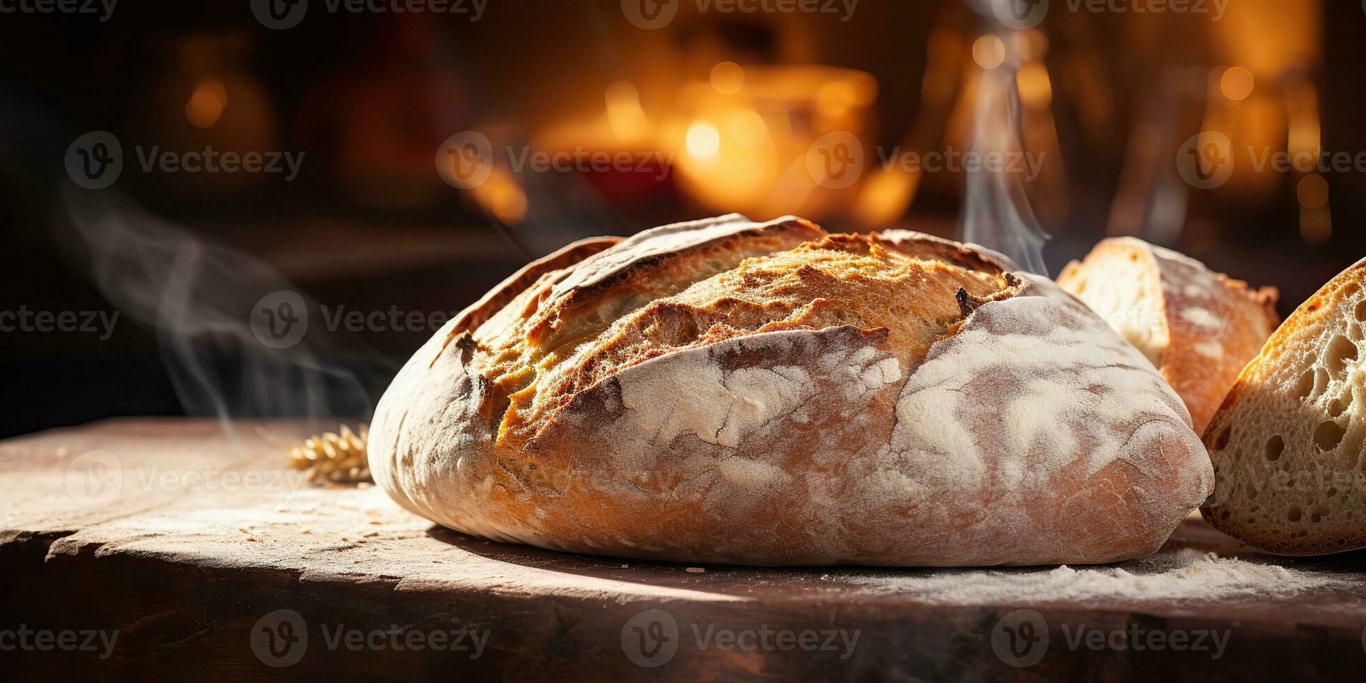 AI Generated. AI Generative. Fresh organic baked bakery wheat bread on wooden table. Cozy kitchen vibe. Graphic Art photo