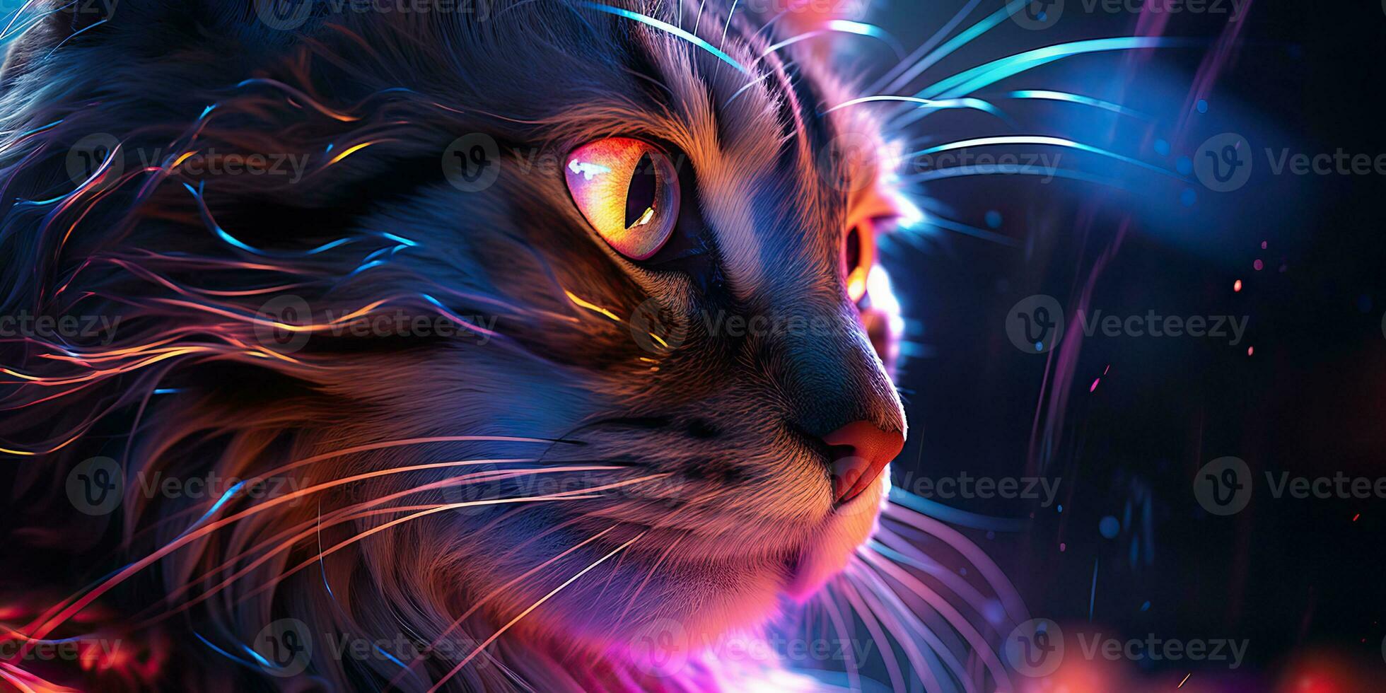 AI Generated. AI Generative. Cat sitting close to neon glowing light. Portrait pet animal face cyberpunk neon style. Graphic Art photo