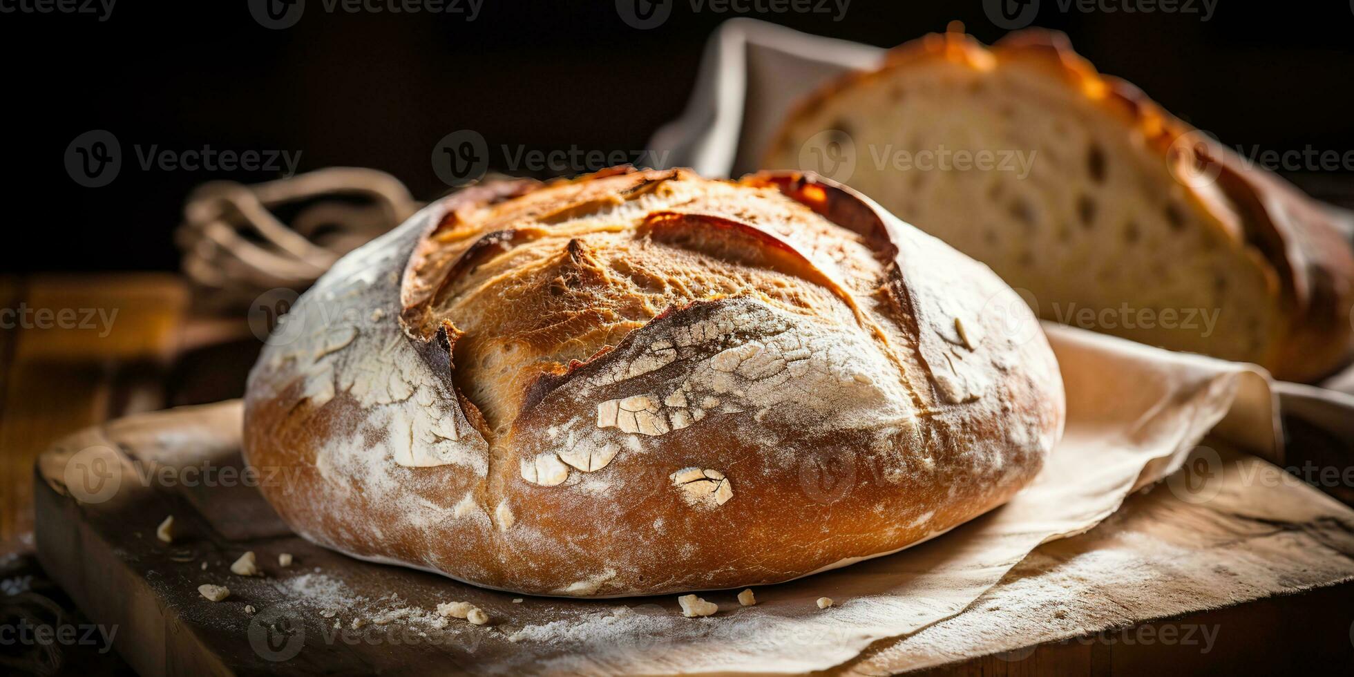 AI Generated. AI Generative. Fresh organic baked bakery wheat bread on wooden table. Cozy kitchen vibe. Graphic Art photo