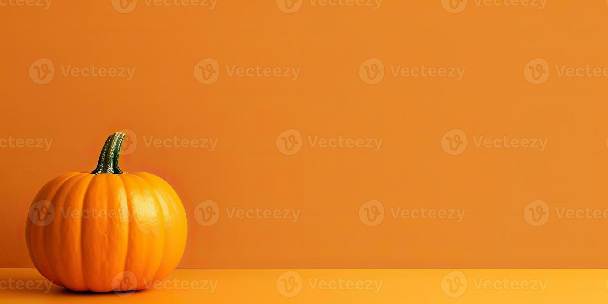 AI Generated. AI Generative. Orange pumpkin at wall mock up background decoration. Halloween thanksgiving holiday america. Graphic Art photo