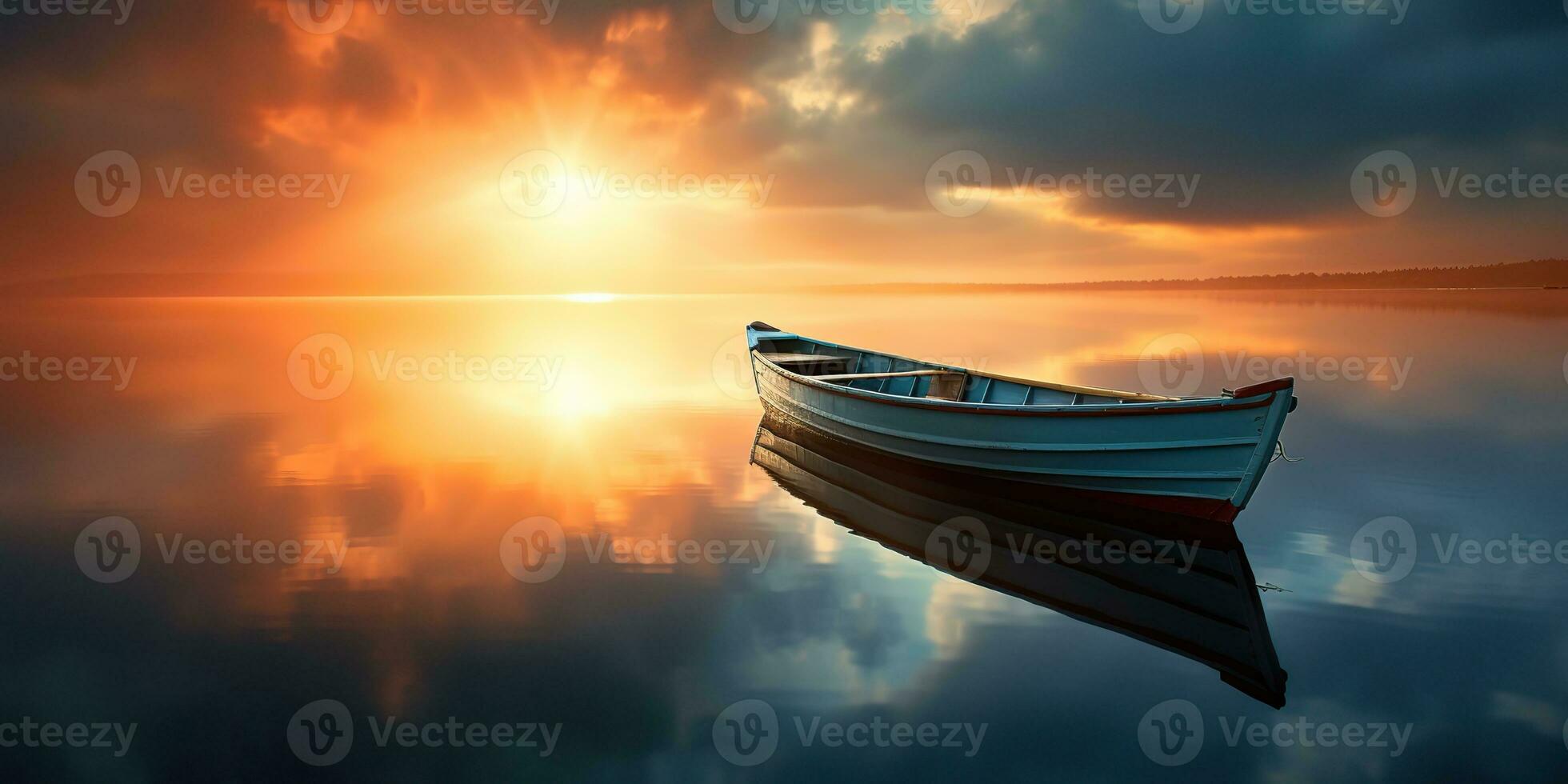 AI Generated. AI Generative. Wood boat ship on peace calm relaxung lake sea river water. Nature outdoor fishing landscape. Graphic Art photo
