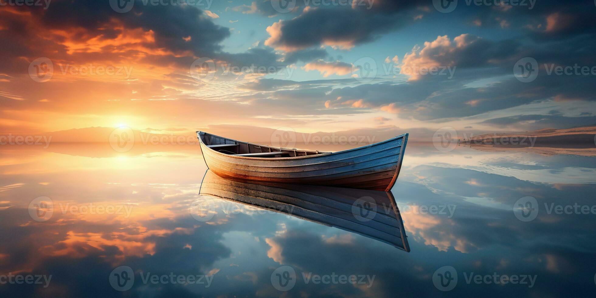 AI Generated. AI Generative. Wood boat ship on peace calm relaxung lake sea river water. Nature outdoor fishing landscape. Graphic Art photo