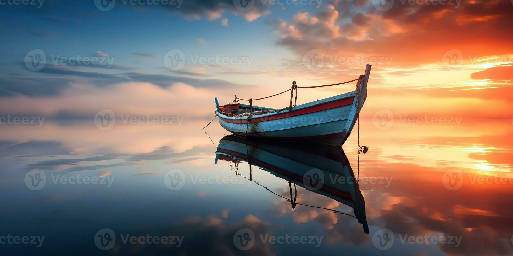 AI Generated. AI Generative. Wood boat ship on peace calm relaxung lake sea river water. Nature outdoor fishing landscape. Graphic Art photo