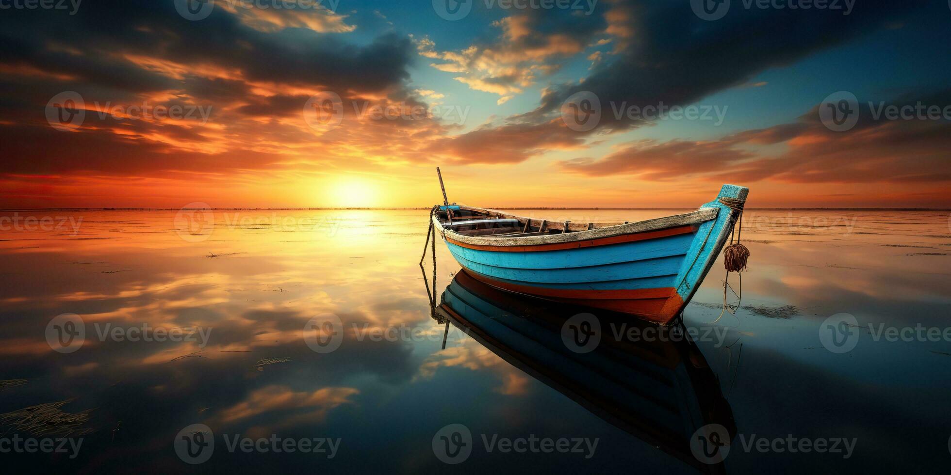 AI Generated. AI Generative. Wood boat ship on peace calm relaxung lake sea river water. Nature outdoor fishing landscape. Graphic Art photo