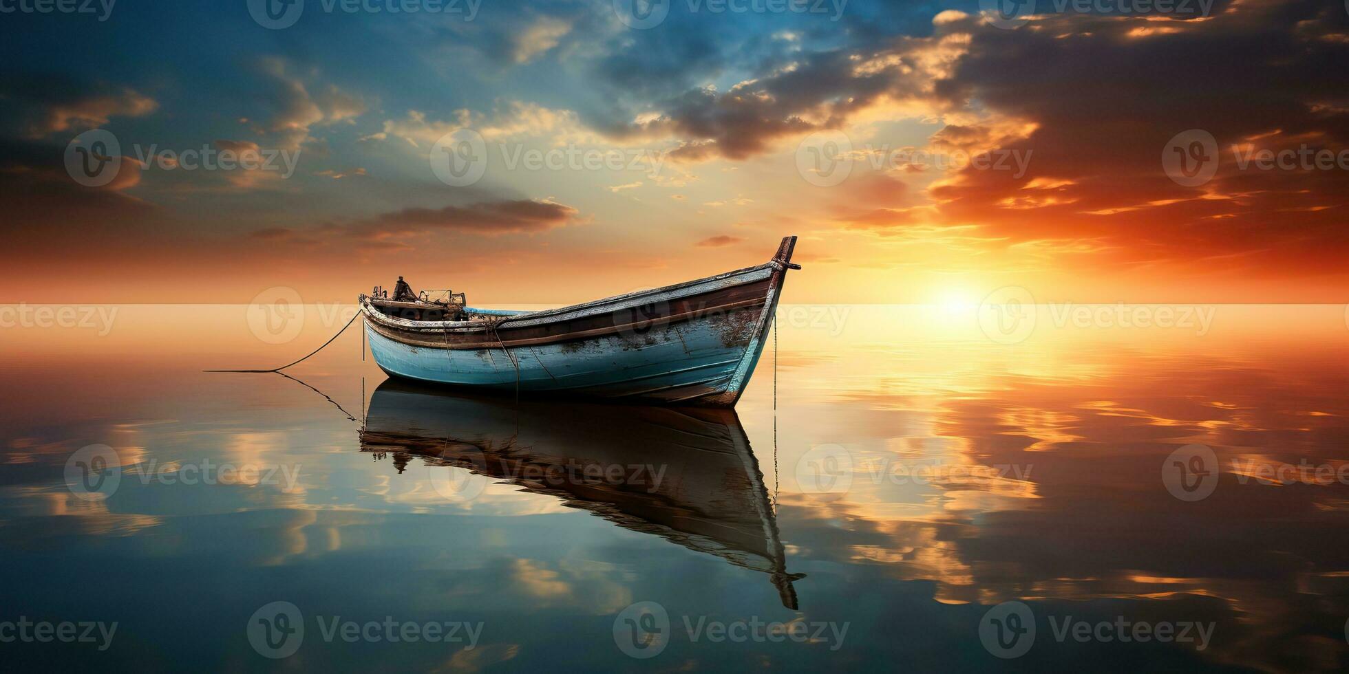 AI Generated. AI Generative. Wood boat ship on peace calm relaxung lake sea river water. Nature outdoor fishing landscape. Graphic Art photo