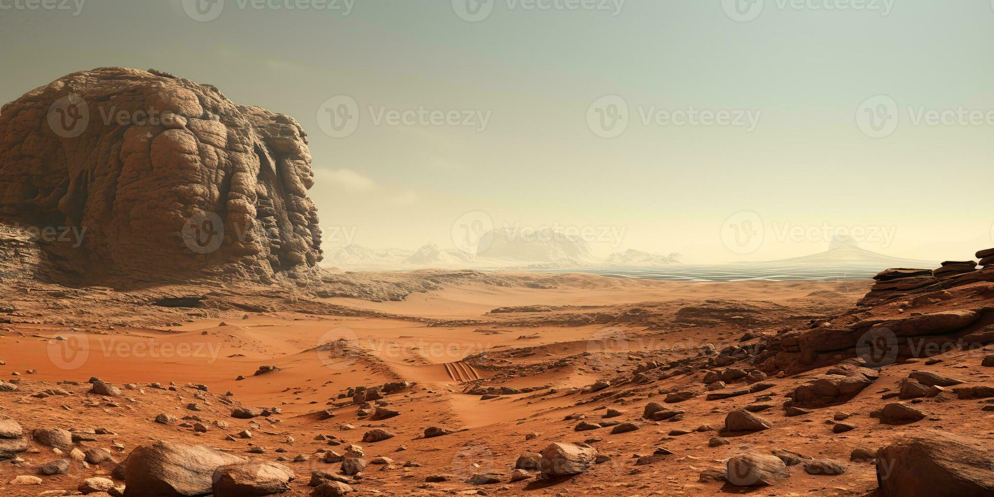 AI Generated. AI Generative. Mars planet galaxy surface landscape desert mountain outdoor landscape. Graphic Art photo