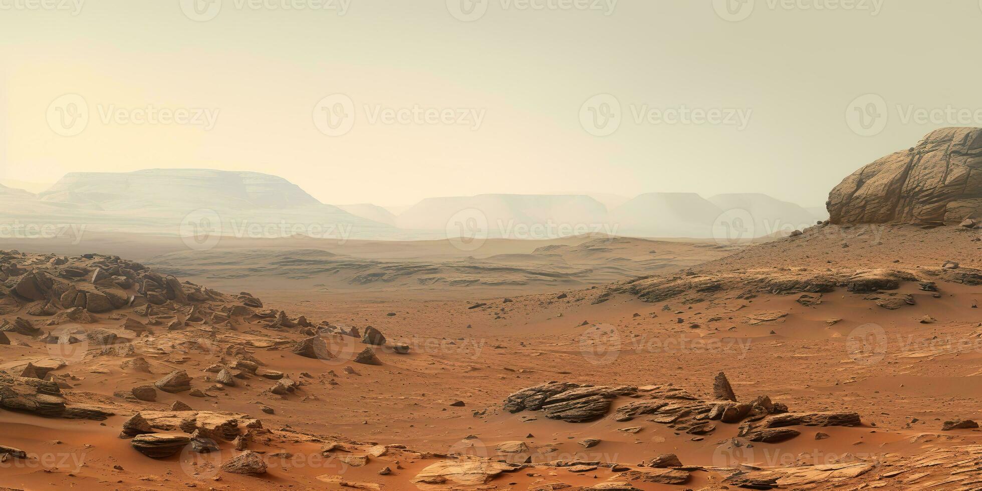 AI Generated. AI Generative. Mars planet galaxy surface landscape desert mountain outdoor landscape. Graphic Art photo