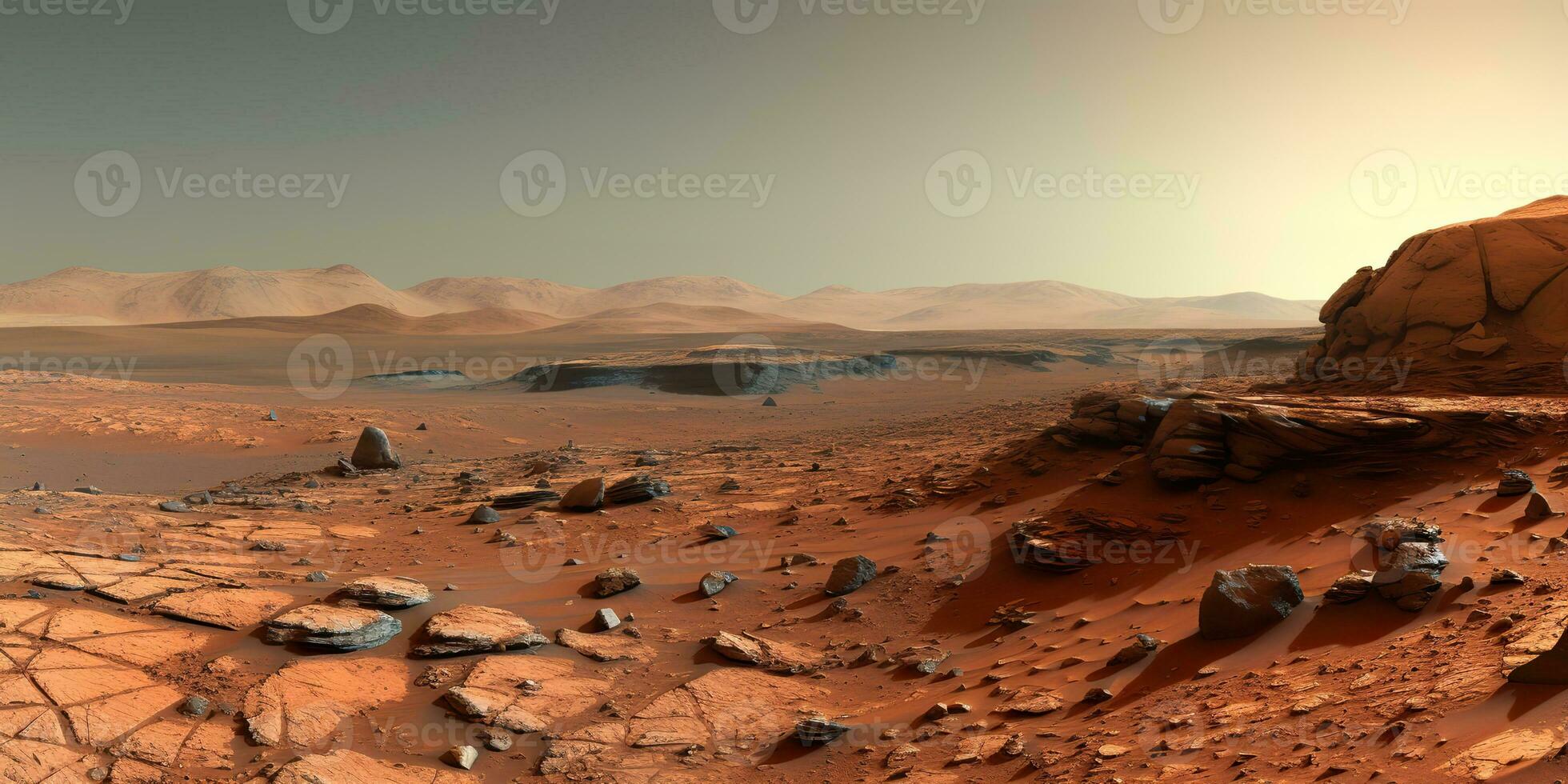 AI Generated. AI Generative. Mars planet galaxy surface landscape desert mountain outdoor landscape. Graphic Art photo