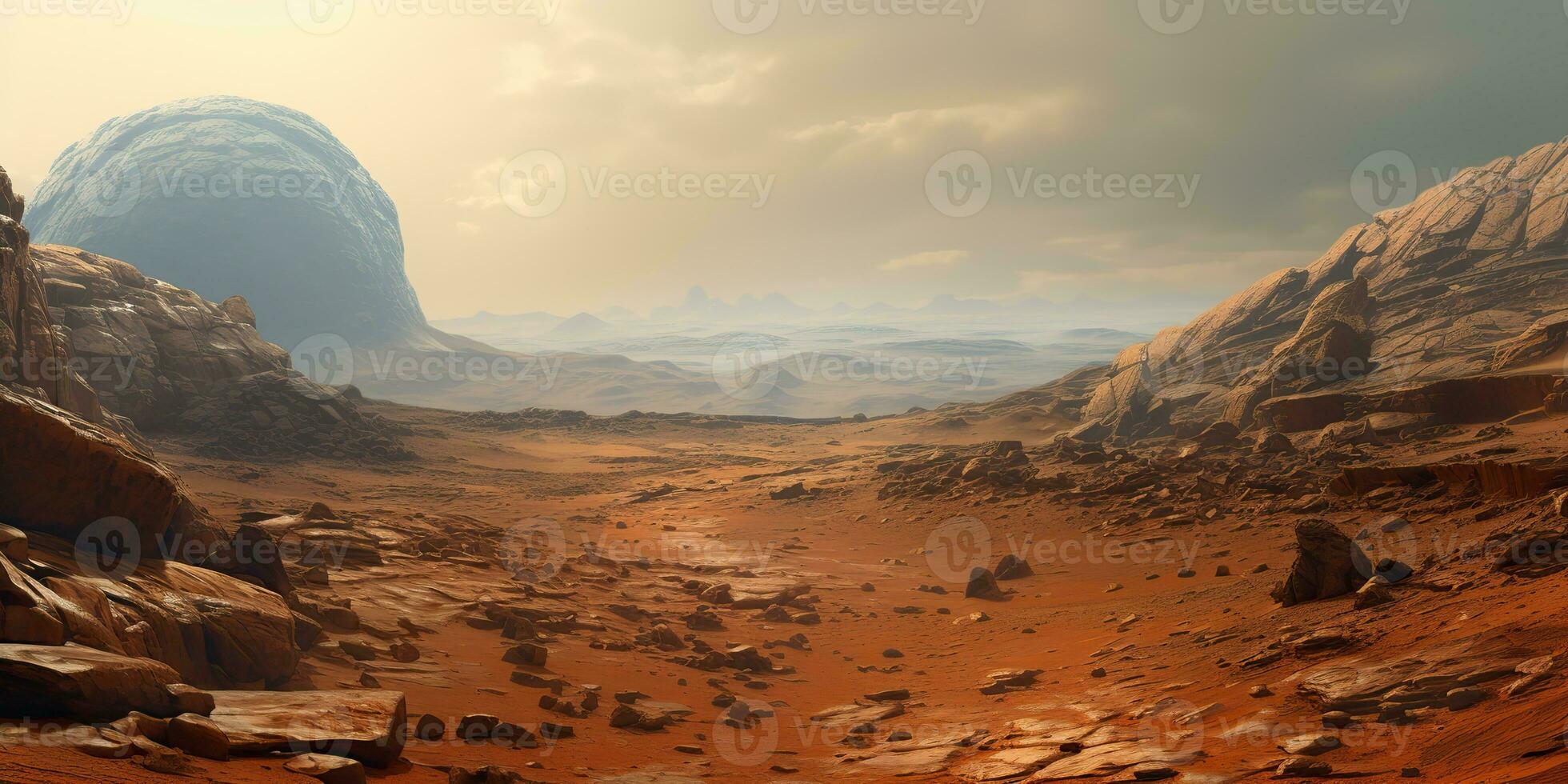 AI Generated. AI Generative. Mars planet galaxy surface landscape desert mountain outdoor landscape. Graphic Art photo
