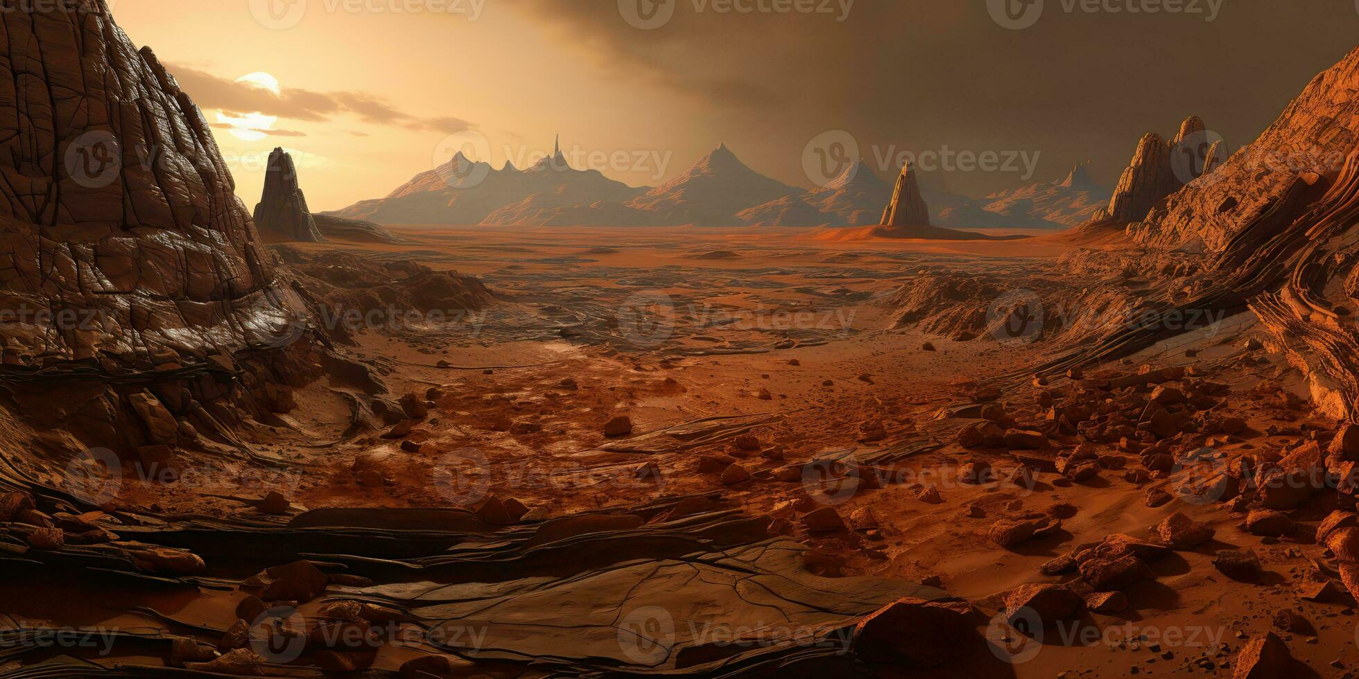 AI Generated. AI Generative. Mars planet galaxy surface landscape desert mountain outdoor landscape. Graphic Art photo