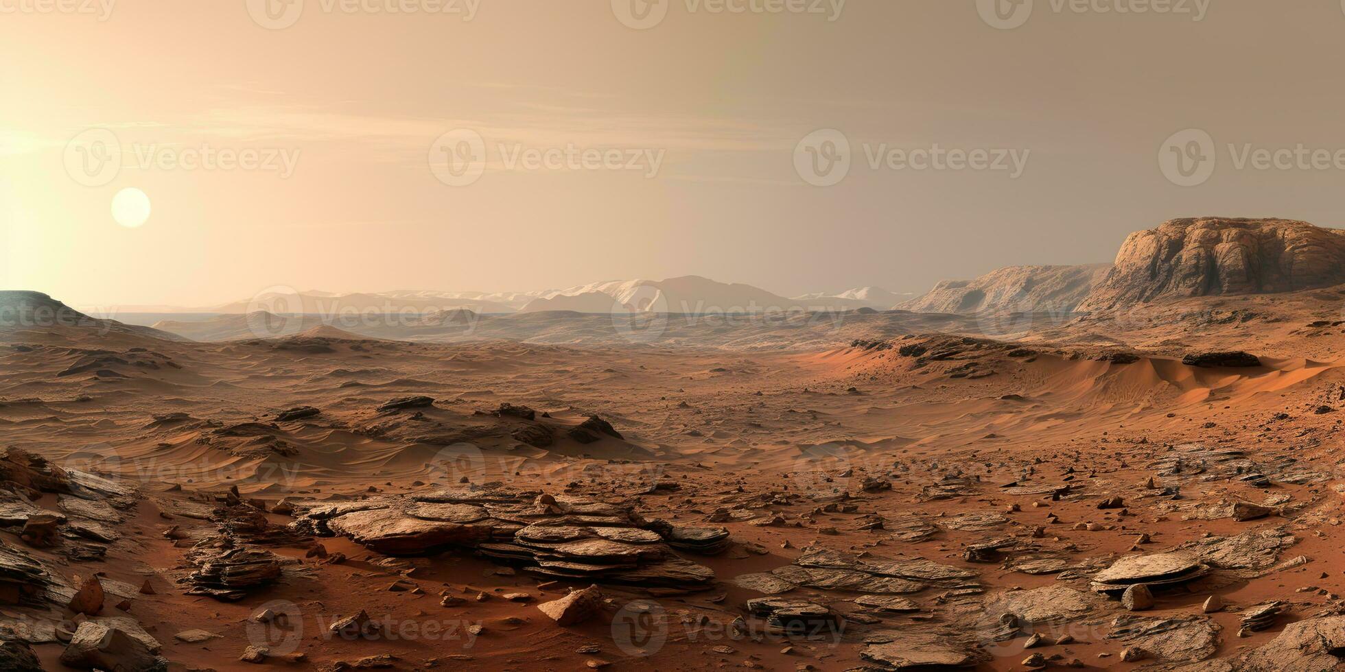 AI Generated. AI Generative. Mars planet galaxy surface landscape desert mountain outdoor landscape. Graphic Art photo