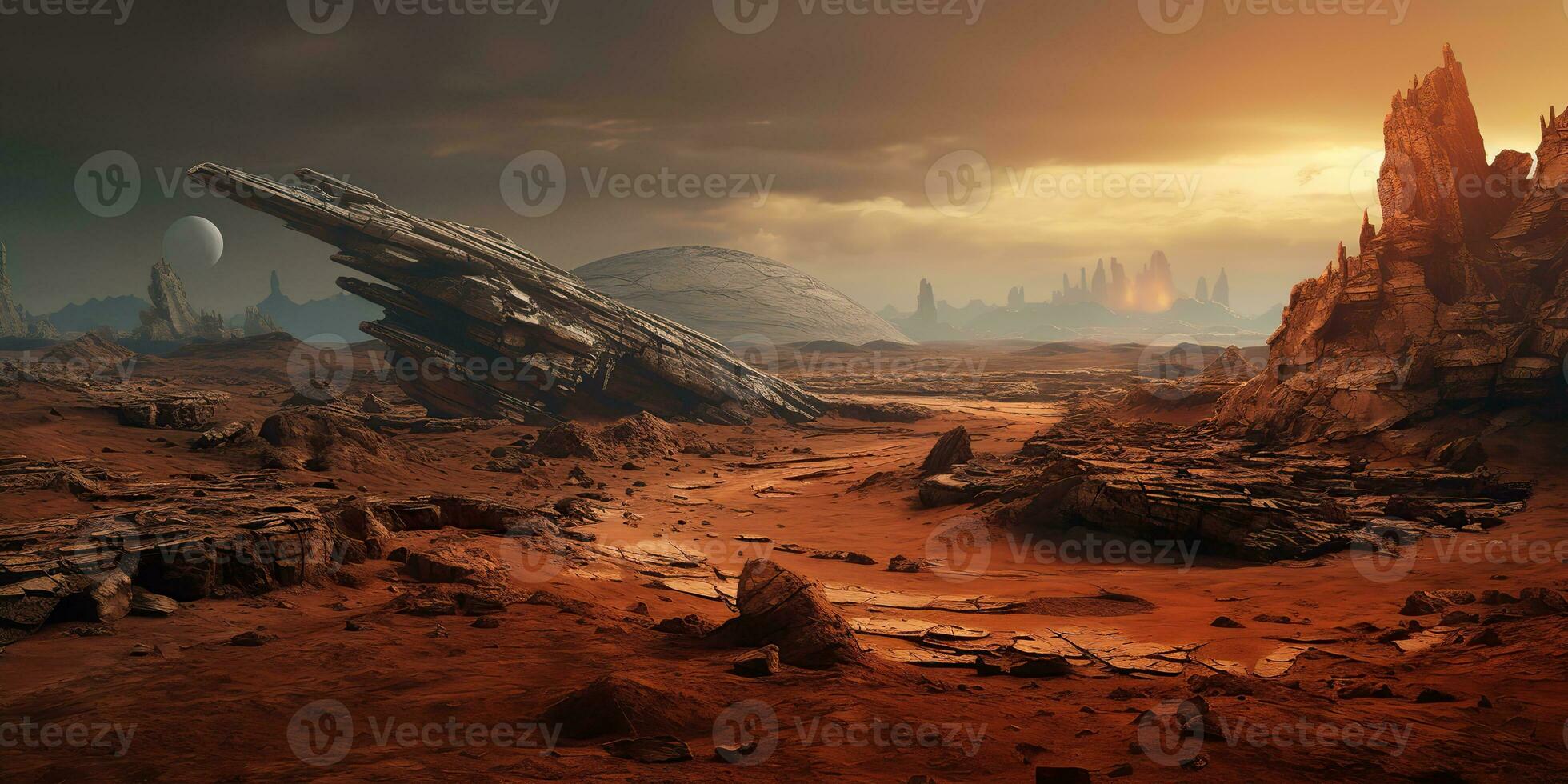 AI Generated. AI Generative. Mars planet galaxy surface landscape desert mountain outdoor landscape. Graphic Art photo