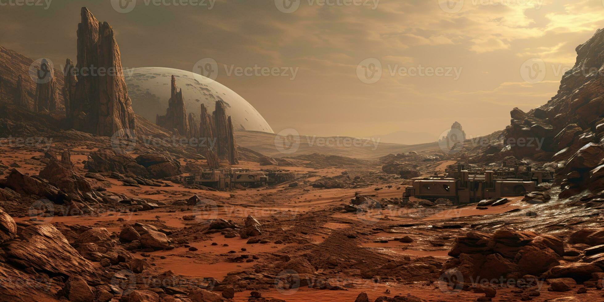 AI Generated. AI Generative. Mars planet galaxy surface landscape desert mountain outdoor landscape. Graphic Art photo