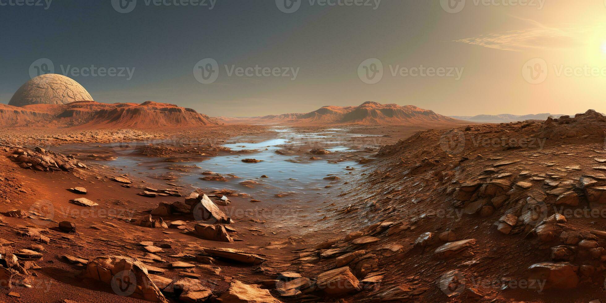 AI Generated. AI Generative. Mars planet galaxy surface landscape desert mountain outdoor landscape. Graphic Art photo