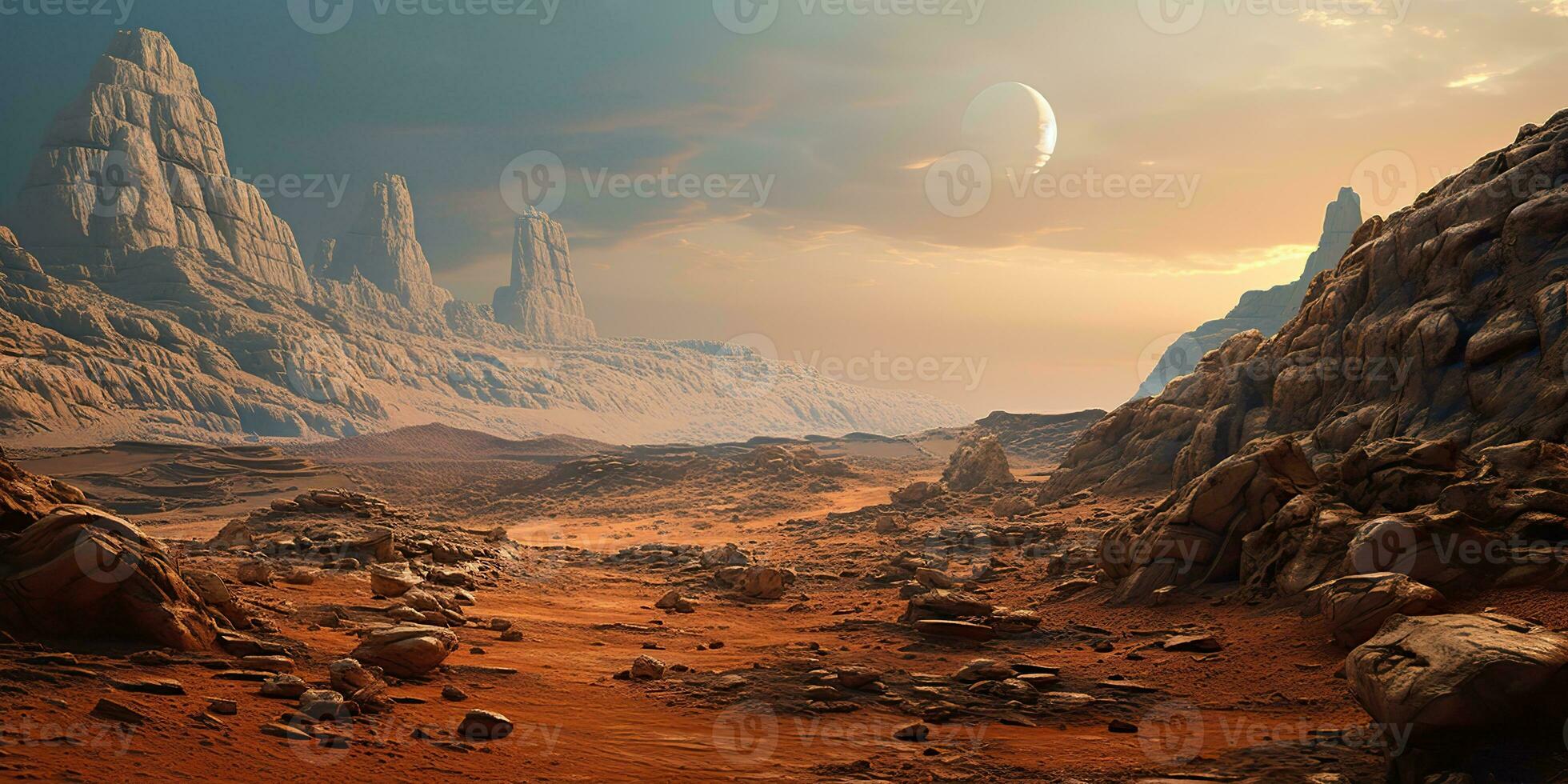 AI Generated. AI Generative. Mars planet galaxy surface landscape desert mountain outdoor landscape. Graphic Art photo