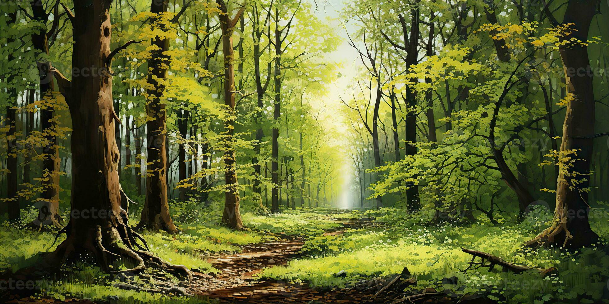 AI Generated. AI Generative. Green summer spring forest tree park garden nature outdoor adventure landscape background with path road. Graphic Art photo