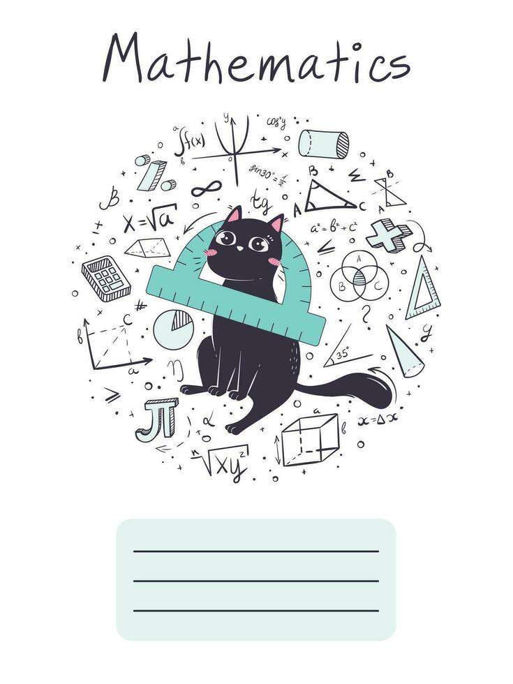 Cover for a workbook for a school subject of mathematics with cute cat. vector