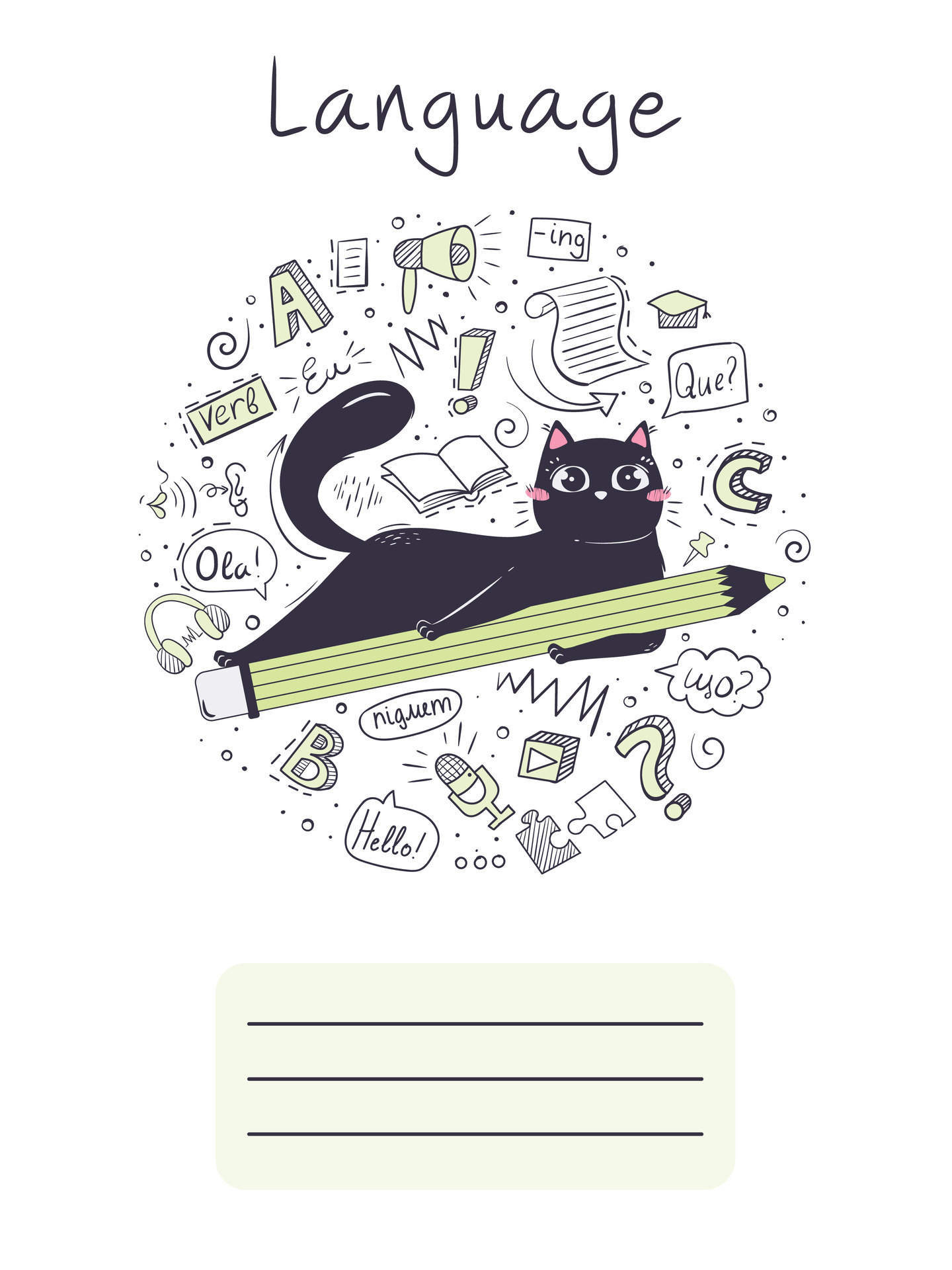 Workbook cover for school subject language with cute cat. 26909943 Vector Art at Vecteezy