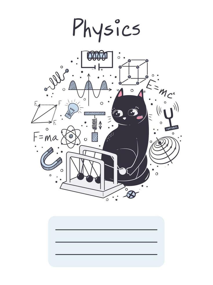 Workbook cover for school subject physics with cute cat. vector