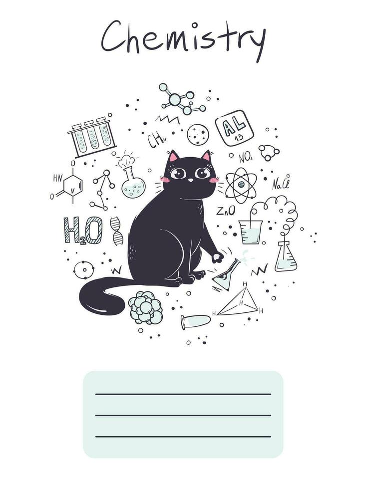 Workbook cover for school subject chemistry with a cute cat. vector