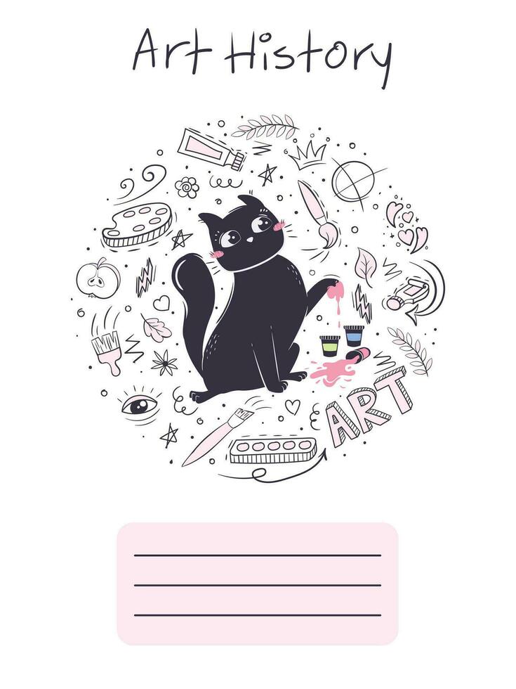 Workbook cover for school subject art history with a cute cat. vector